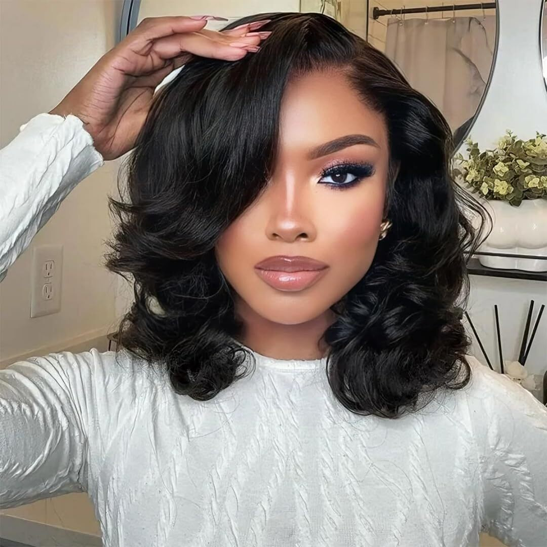 Wiggins Hair Body Wave Bob Wig 5X7 Lace Front Wig Glueless Wig Human Hair Ready To Wear Pre Cut Lace Pre-Bleached Knots Beginner Friendly 14 Inch