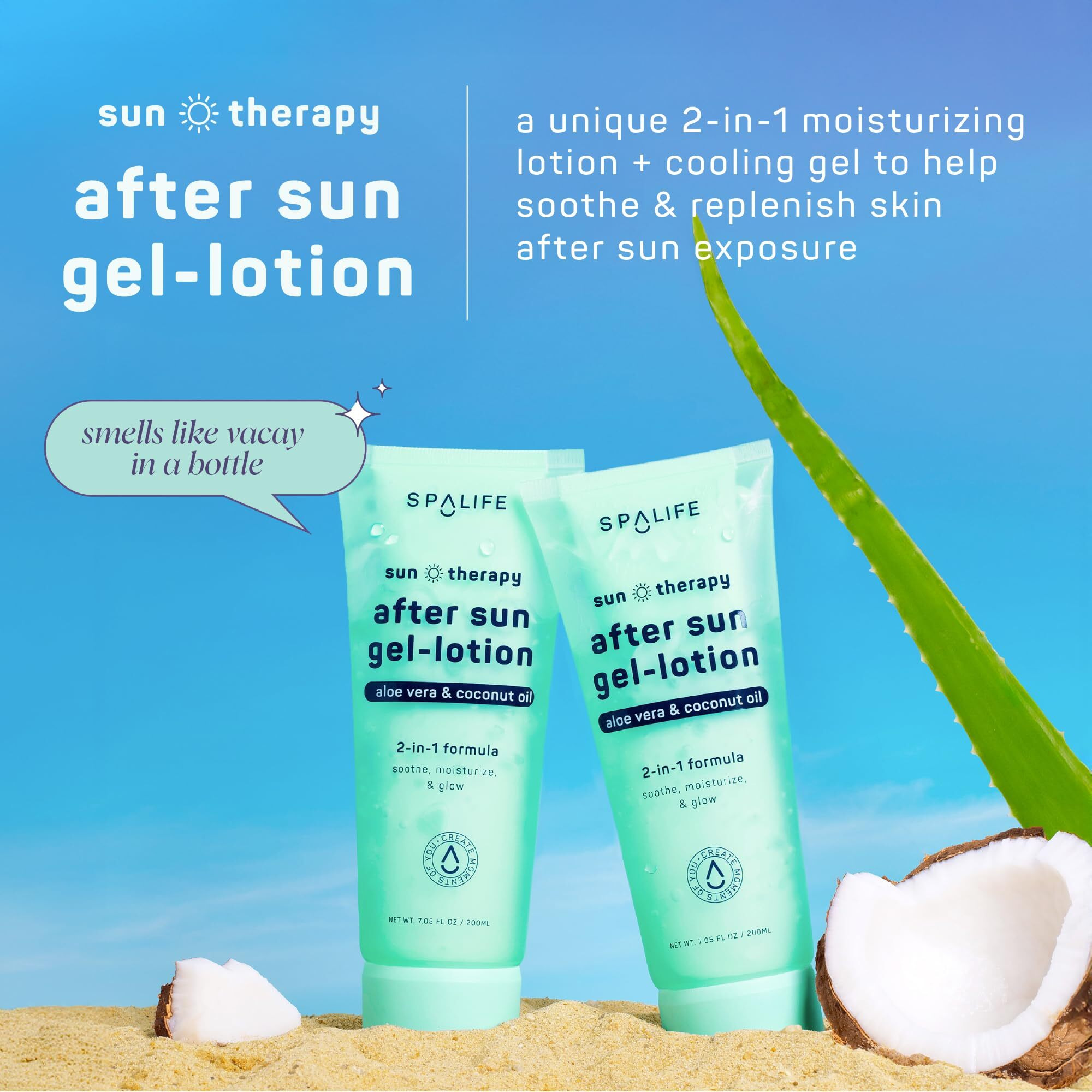 Spalife After-Sun-Gel Lotion And Moisturizer For Sunburn Refelief - Two In One Formula, Infused With Aloe, Coconut Oil And Hyaluronic Acid - 2 Pack