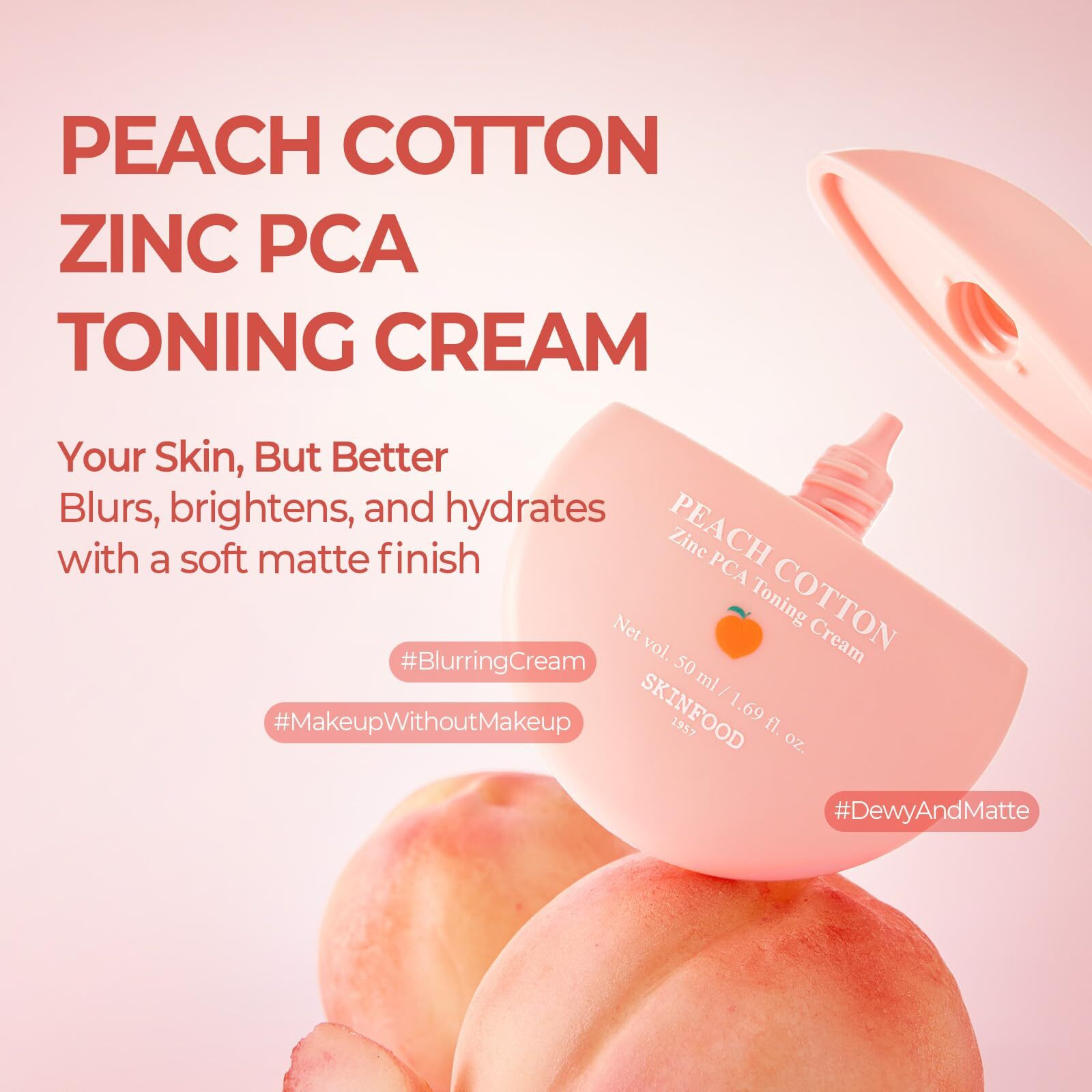 Skinfood Peach Cotton Zinc Pca Tone Up Cream, Korean Tinted Moisturizer For Face And Body, Dewy And Matte Skin Tint, Skin Care Makeup For Color Correcting, Sheer Cover, Blurring (1.69 Fl. Oz.)