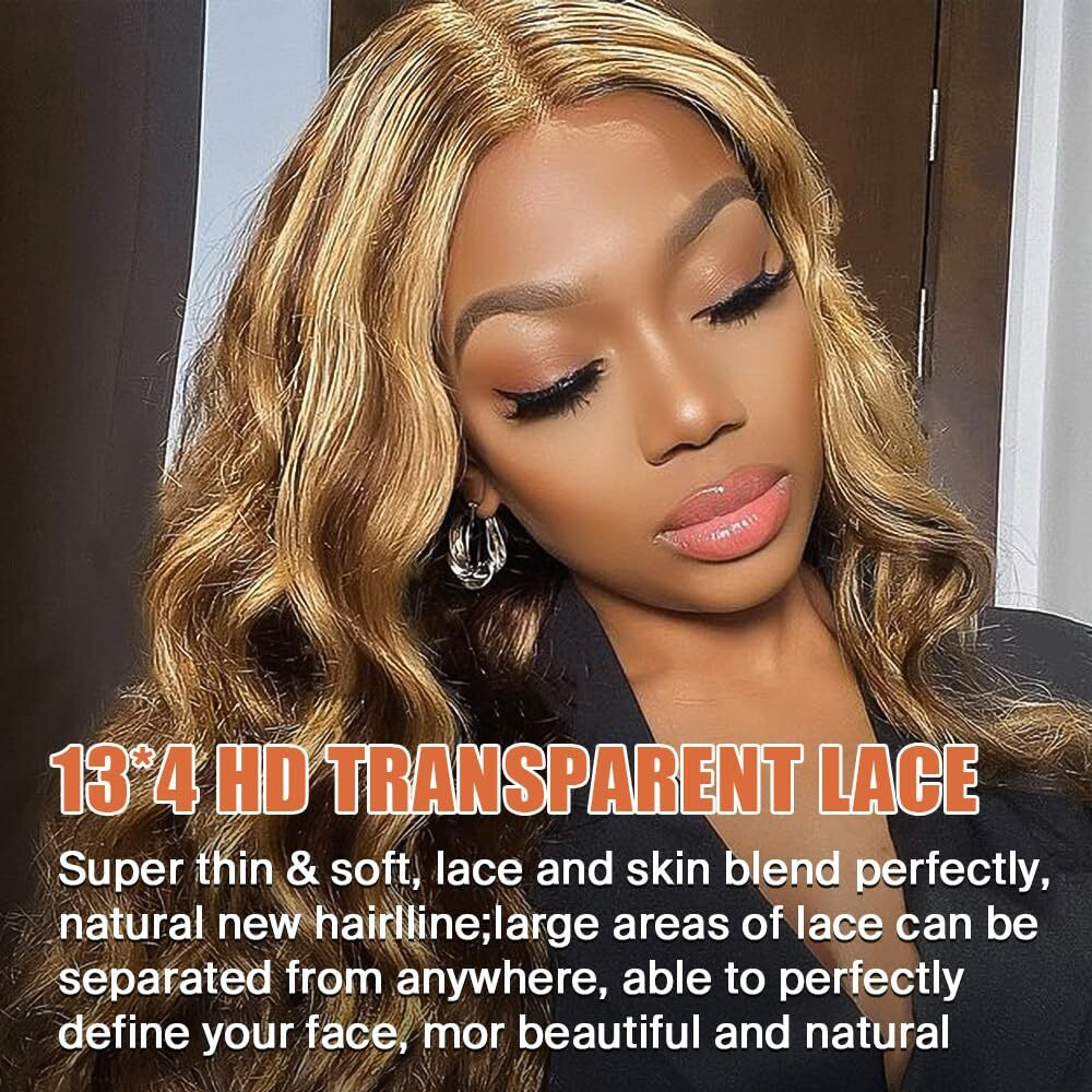 Vivehebe Balayage Wig Human Hair 24Inch Body Wave Lace Front Wigs Human Hair 13X4 Hd Transparent Brown With Blonde 180% Density Highlight Ombre Gluess Wigs For Women Pre Plucked
