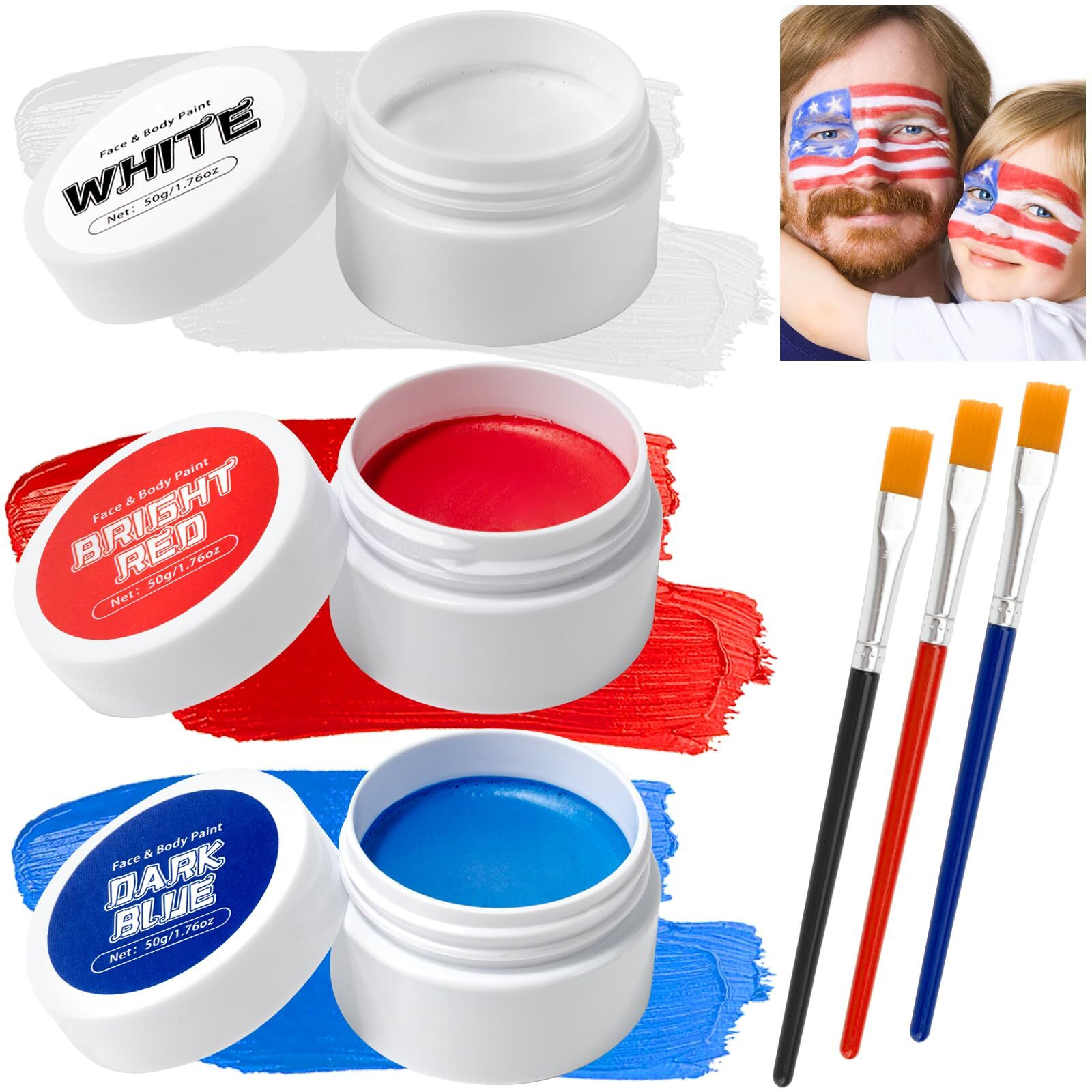Tonjin White Red Blue Face Body Paint Set 5.28Oz,Non-Toxic Professional Facepaint Makeup Kit With 3 Brushes For Kids & Adults 4Th Of July Usa Independence Day Football Softball Players Clown Spiderman