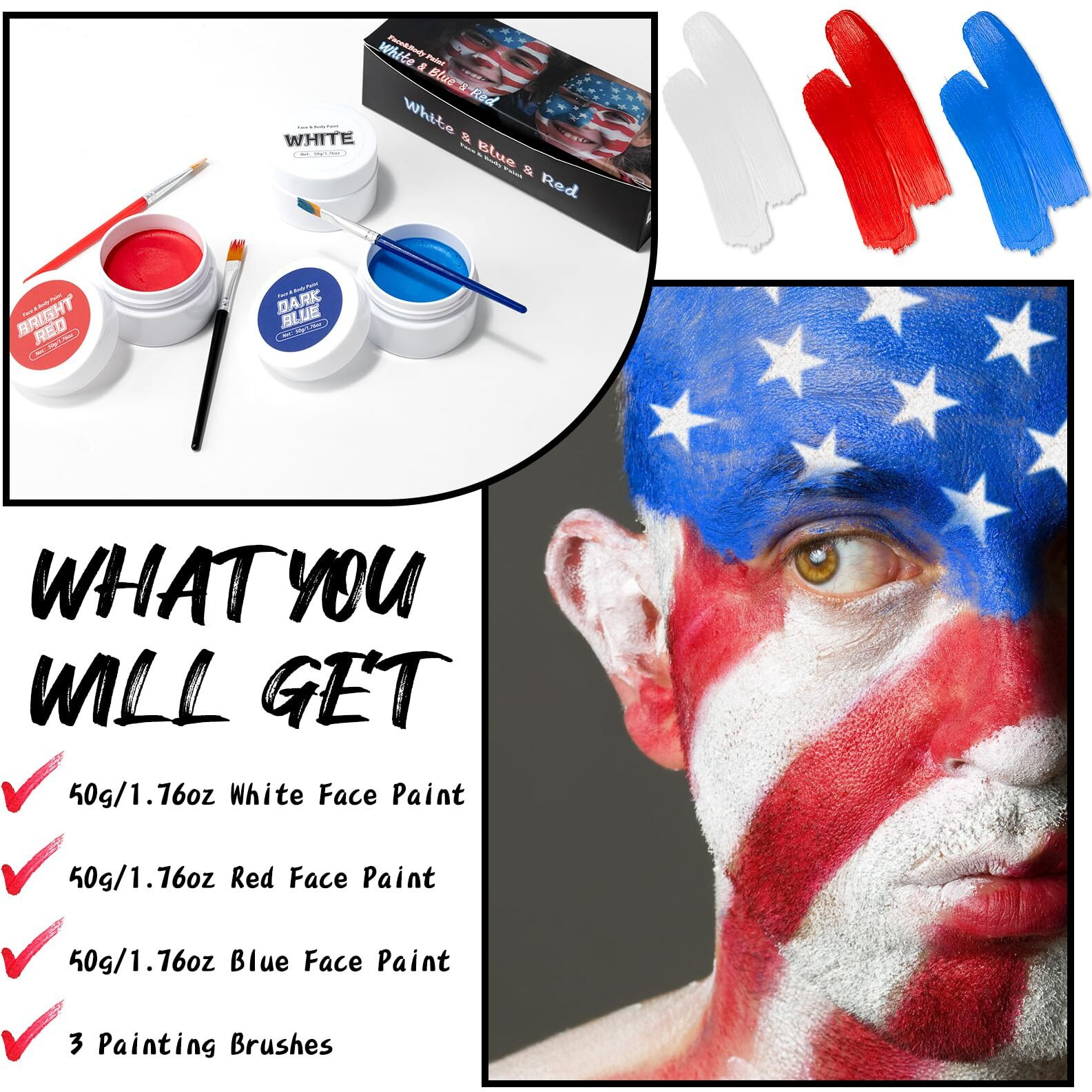 Tonjin White Red Blue Face Body Paint Set 5.28Oz,Non-Toxic Professional Facepaint Makeup Kit With 3 Brushes For Kids & Adults 4Th Of July Usa Independence Day Football Softball Players Clown Spiderman