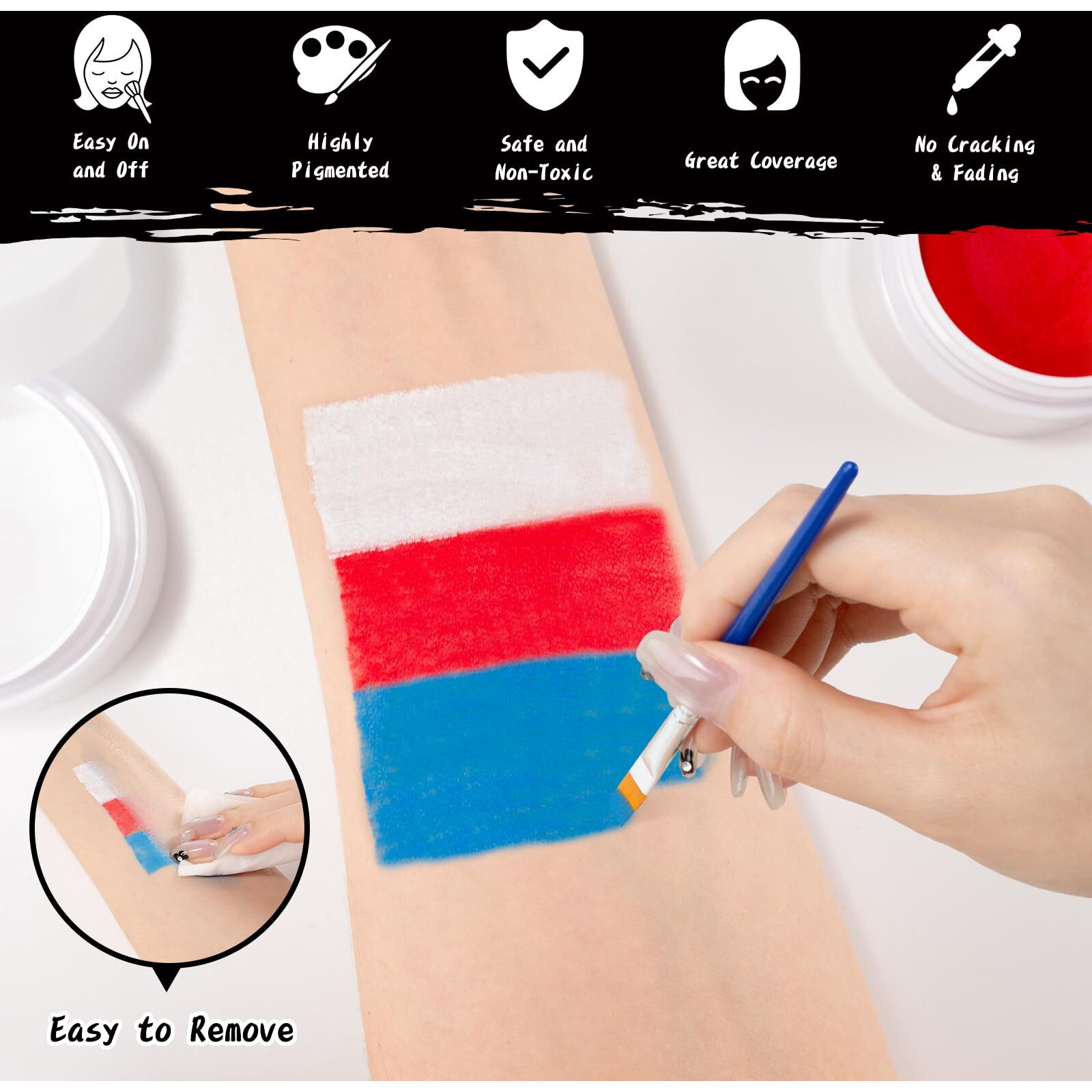 Tonjin White Red Blue Face Body Paint Set 5.28Oz,Non-Toxic Professional Facepaint Makeup Kit With 3 Brushes For Kids & Adults 4Th Of July Usa Independence Day Football Softball Players Clown Spiderman