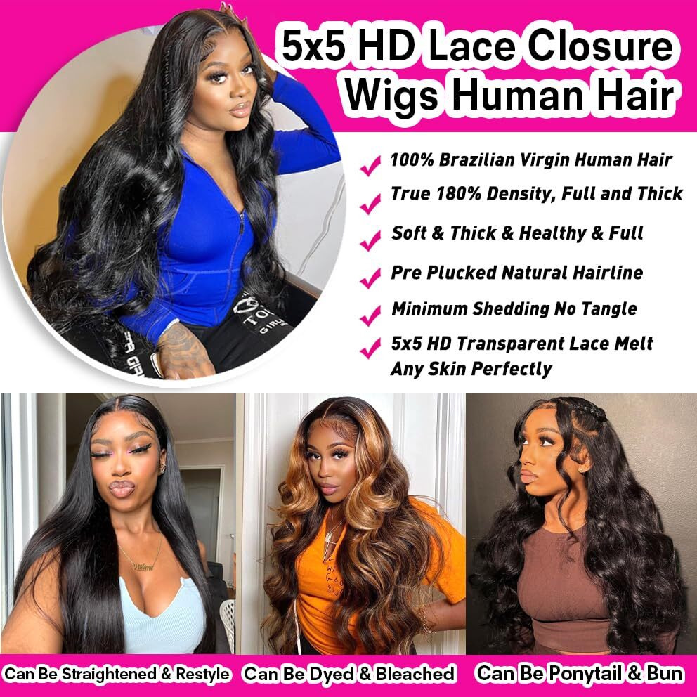 Uandm 5X5 Hd Lace Closure Wigs Human Hair Pre Plucked 5X5 Body Wave Lace Front Wigs Human Hair Wig 180% Density Glueless Wigs 5X5 Body Wave Closure Wig For Women 24 Inch