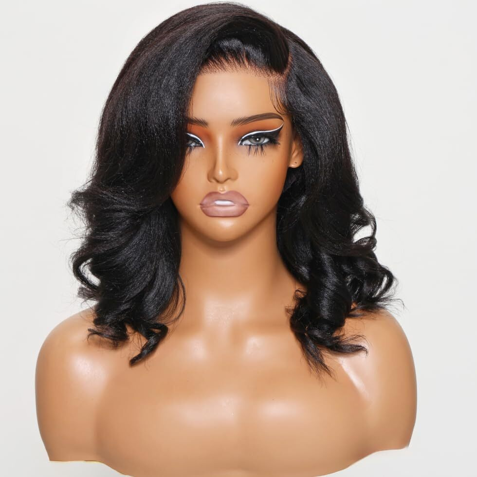 Unice 10 Inch Light Yaki Loose Body Wave Bob Wig Human Hair With Below Out Bangs 13X4 Hd Lace Front Glueless Wigs Human Hair Pre Plucked Pre Cut Lace Bleached Knots Ready To Wear Black Color