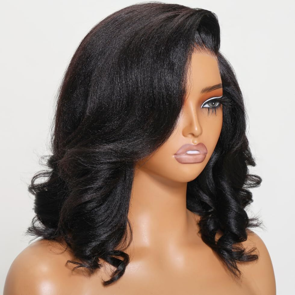 Unice 10 Inch Light Yaki Loose Body Wave Bob Wig Human Hair With Below Out Bangs 13X4 Hd Lace Front Glueless Wigs Human Hair Pre Plucked Pre Cut Lace Bleached Knots Ready To Wear Black Color