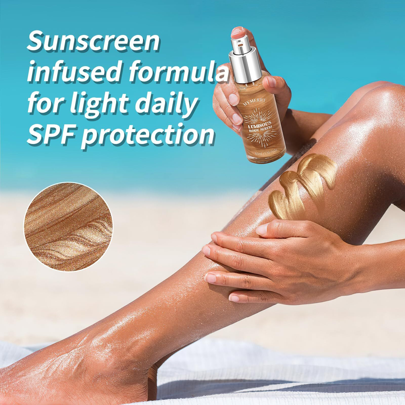 Mymerry Body Shimmer Oil, Suncreen 50Ml Liquid Highlighter Bronzer Body Glitter Oil Long Lasting Moisturizing Makeup Lotion Illuminate Serum Glow Shimmer Skin 1.7 Fl Oz(Bronze Gold 02)