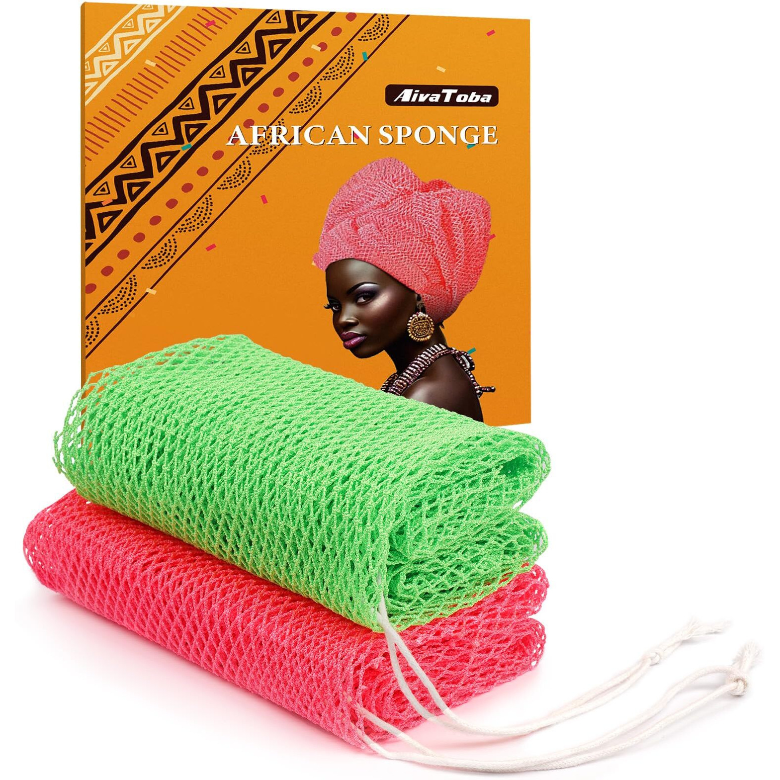 2 Pack Authentic African Net Sponge With Handles, Aivatoba Mesh Body Scrubber, Exfoliating Wash Cloths For Body Scrubber, Back Scrub Exfoliating Sponge For Shower Bath, Portable Bath Sponge