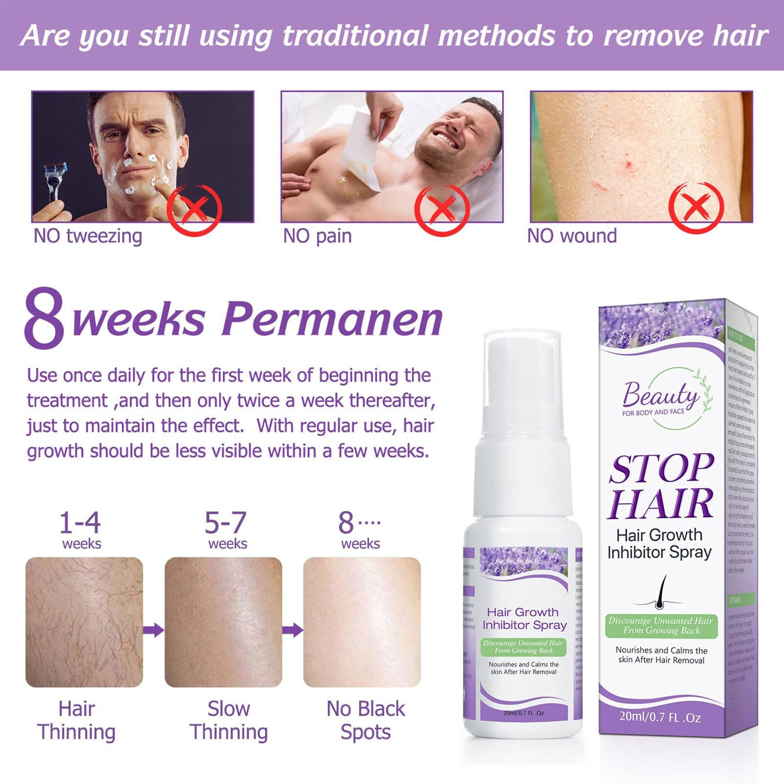 Hair Growth Inhibitor For Face, Hair Inhibitor Permanent Spray, Non-Irritating Hair Inhibitor, Permanent Hair Removal Spray For Body, Face, Underarm, Arm, Leg, Private Areas, Slows Regrowth (1)