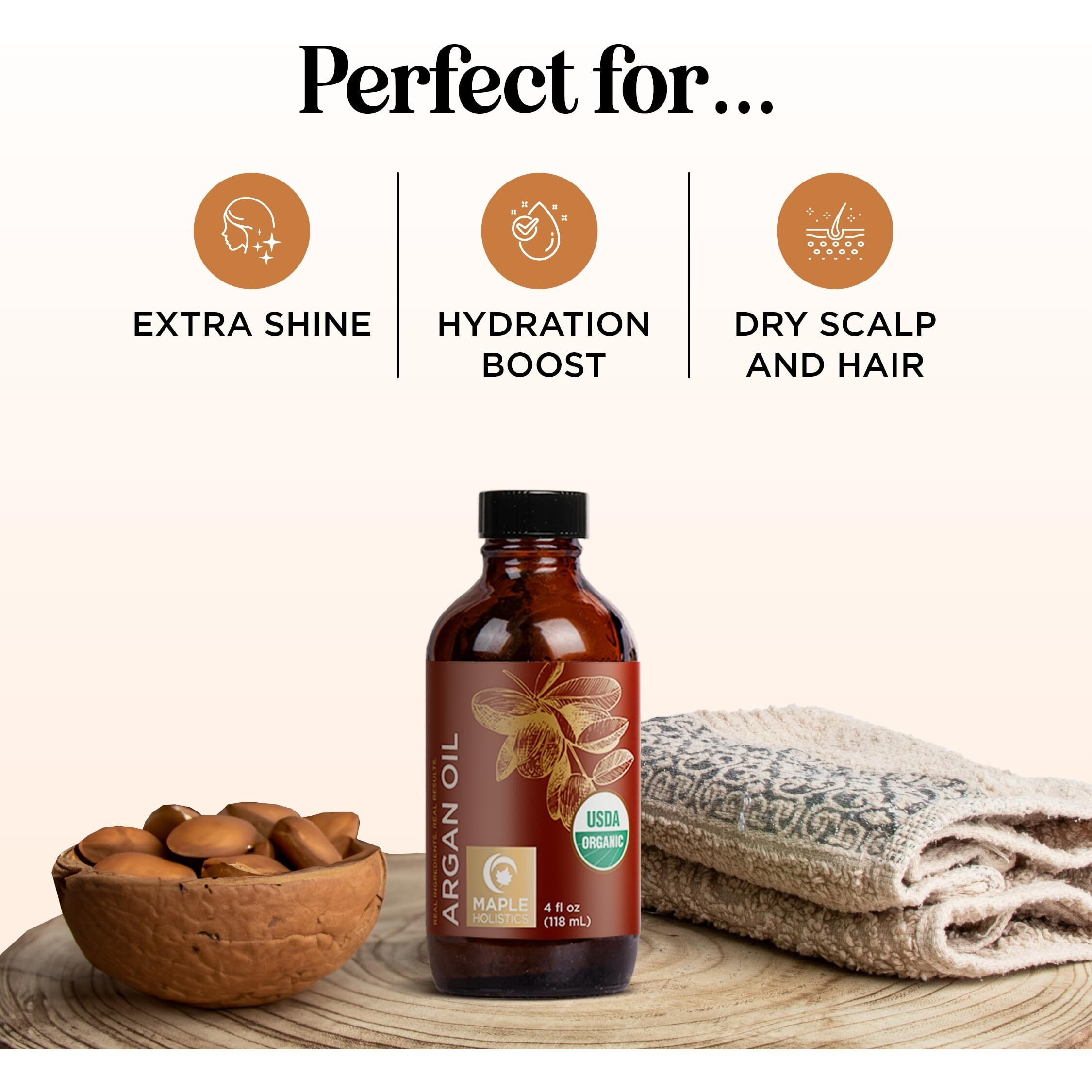 Certified Organic Argan Oil For Hair Skin & Nails - 100% Pure Moroccan Argan Oil Organic Cold Pressed And Unrefined - Fast Absorbing Hair Body And Face Moisturizer Plus Beauty Diys (4 Fl Oz)