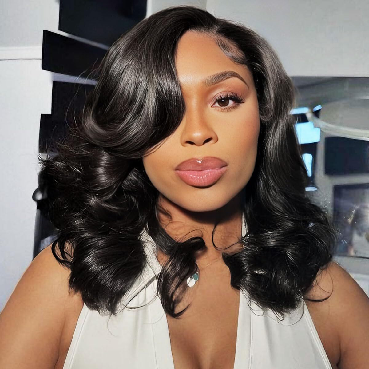 Tinashe Human Hair Wig Glueless Face-Framing Curtain Bangs Loose Body Wave 6  5 Hd Lace Front Bob Natural Black Wigs Human Hair Pre Cut Bleached Knots Wigs For Black Women Haircuts 18 Inches