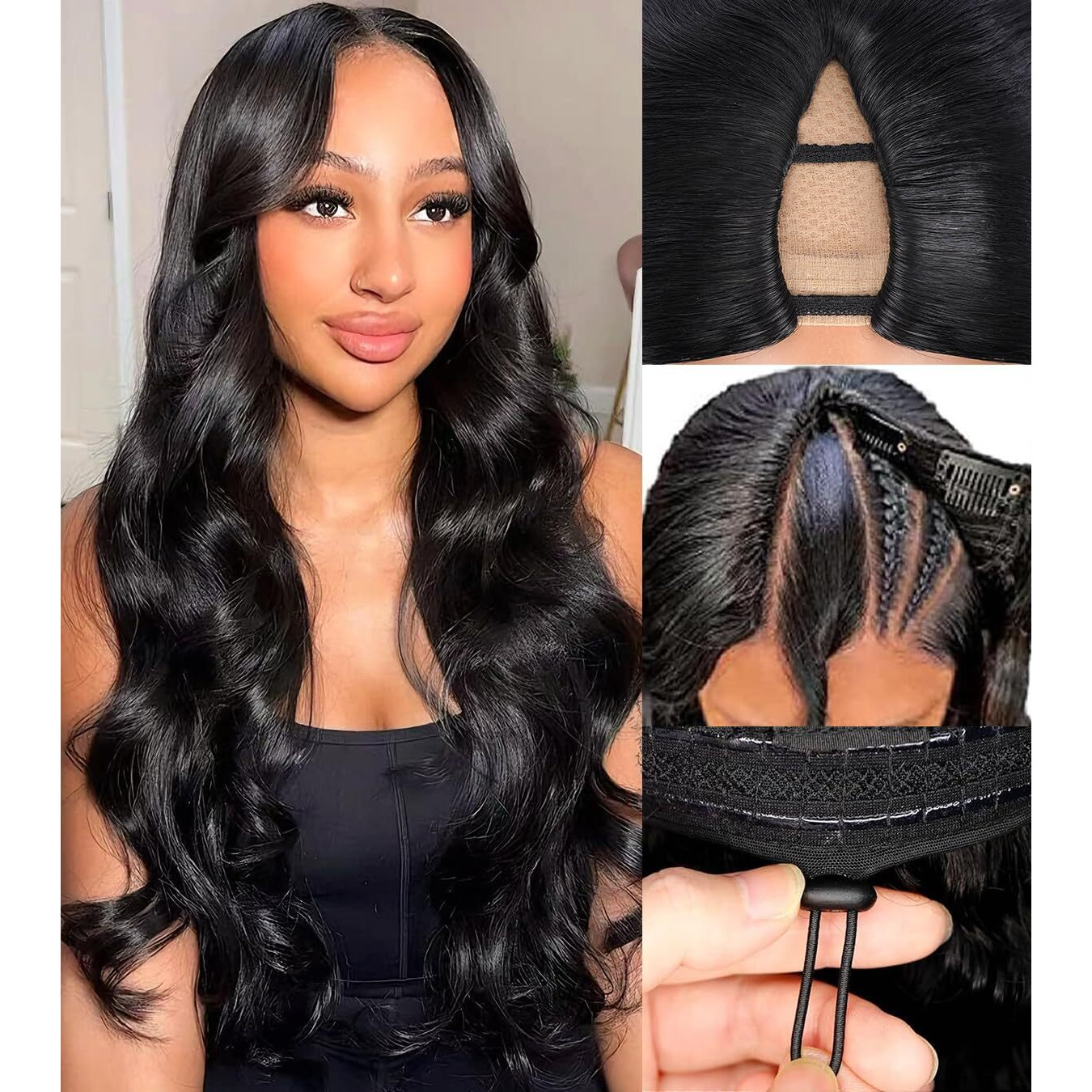 V Part Wig Human Hair Body Wave Upgrade Glueless Wigs Human Hair U Part Half Wigs With Clip In V Part Wig Glueless With Elastic Drawstring Body Wave Human Hair Beginner Friendly (20Inch)