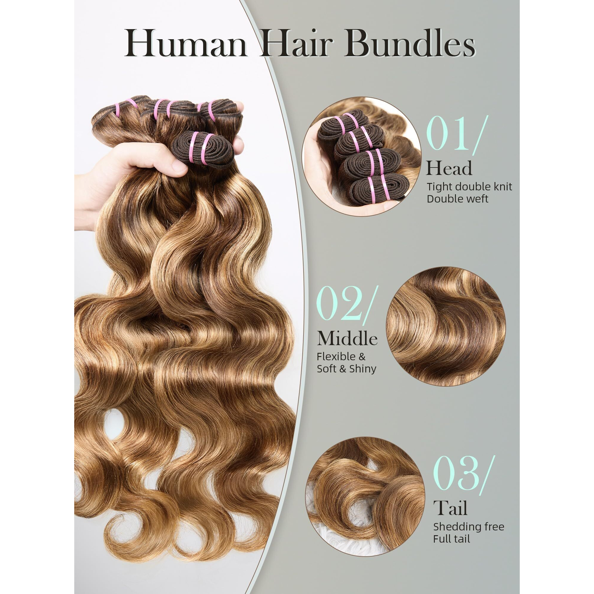 Popvibes Body Wave Brown Bundles Human Hair Ombre Human Hair Extensions Highlight Brazilian Virgin Unprocessed Human Hair 4 Bundles 16 18 20 22 Inch
