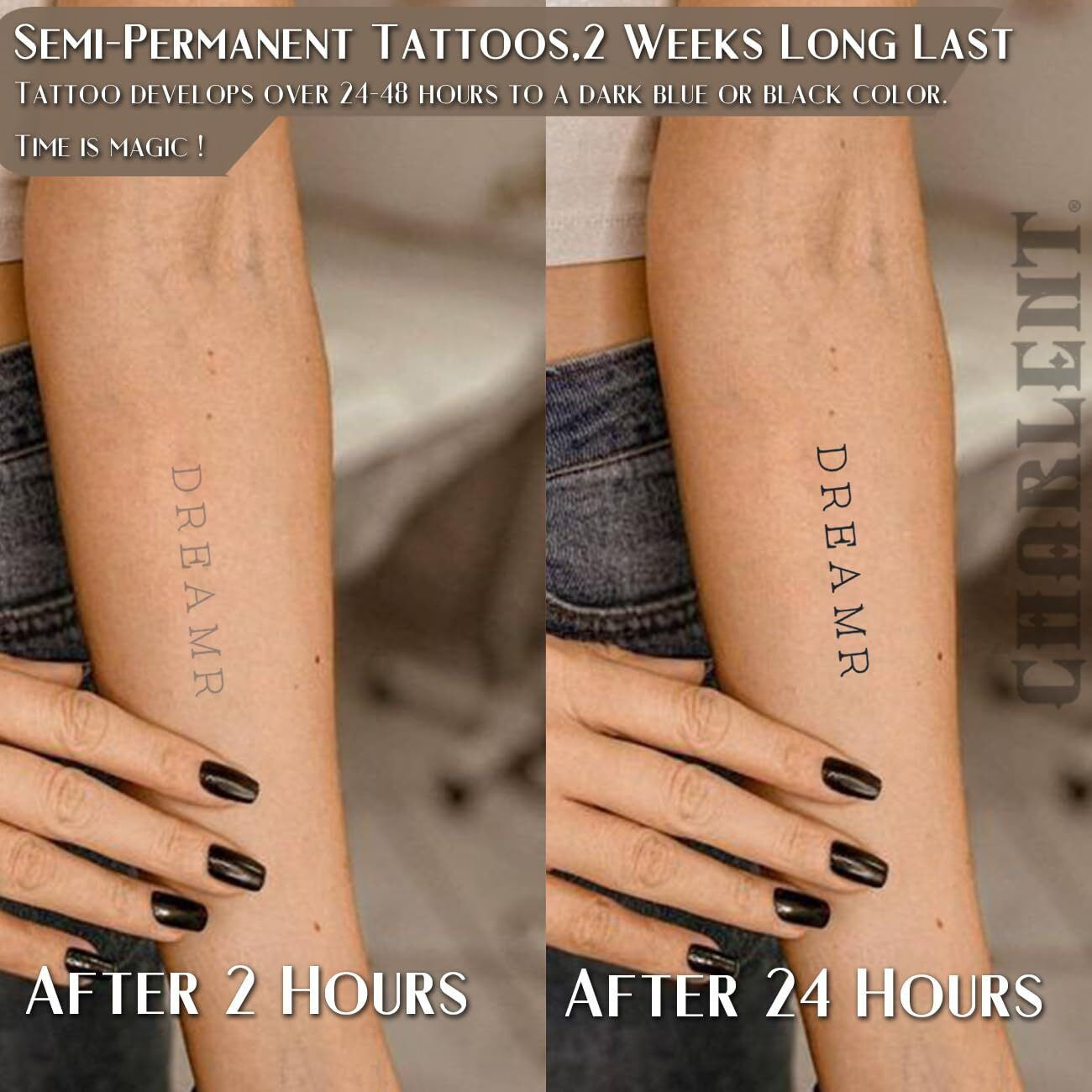 Charlnet English Letters Semi-Permanent Tattoos For Adult - 2 Weeks Long Last Letters Fake Tattoos For Women Men Finger Neck Body/Fades Naturally/No Reflection/Waterproof,Diy Letters Stickers