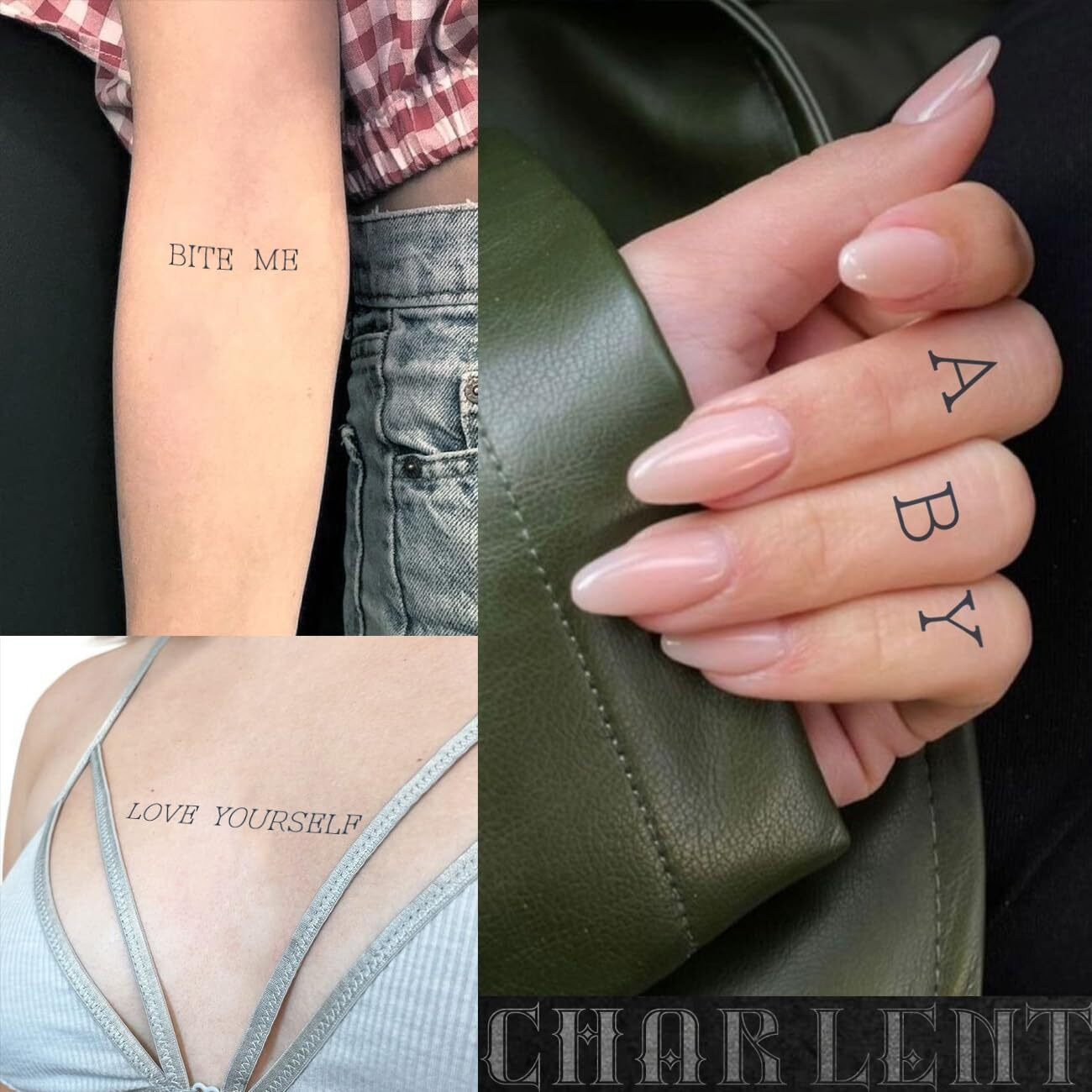 Charlnet English Letters Semi-Permanent Tattoos For Adult - 2 Weeks Long Last Letters Fake Tattoos For Women Men Finger Neck Body/Fades Naturally/No Reflection/Waterproof,Diy Letters Stickers