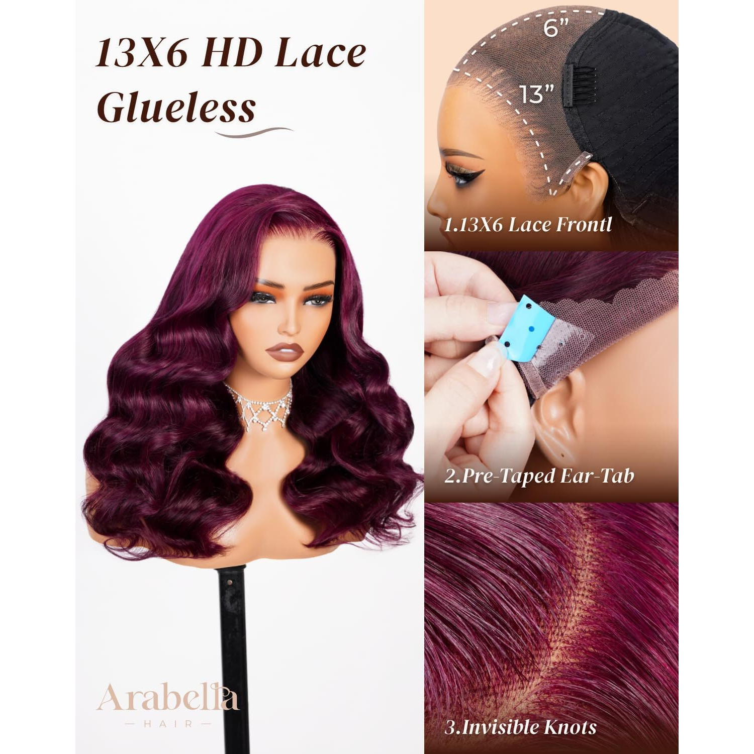 Arabella 13X6 Hd Lace Burgundy Glueless Wigs Human Hair Pre Plucked Pre Cut Body Wave 99J Colored 230% Density Pre Everything Wear And Go Full Lace Human Hair 20 Inch