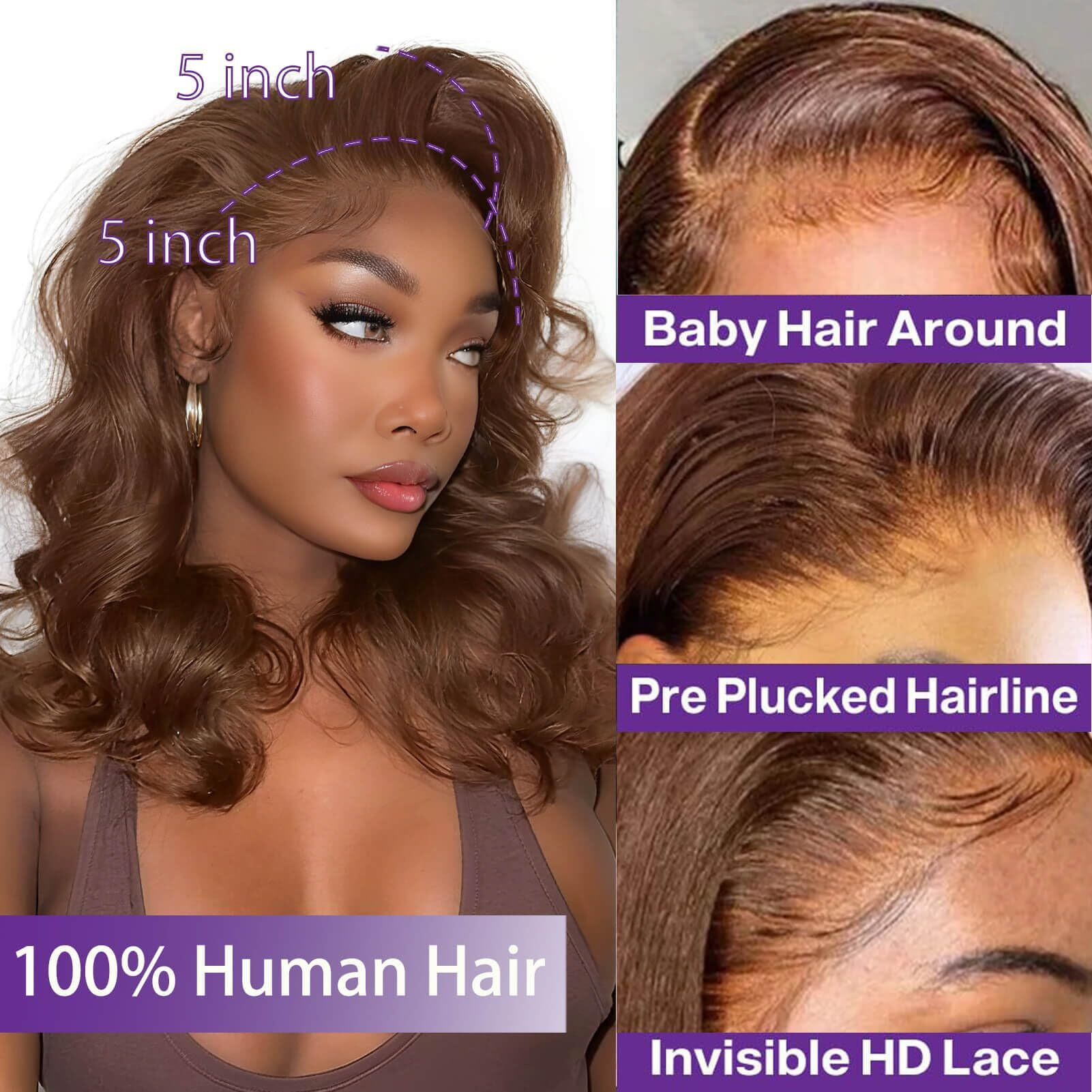 Chocolate Brown Bob Wig Human Hair Glueless Wigs Human Hair Pre Plucked Pre Cut Body Wave 5X5 Hd Transparent Closure Wigs 180% Density 100% Brazilian Virgin Hair Brown Wig For Black Women (16 Inch)