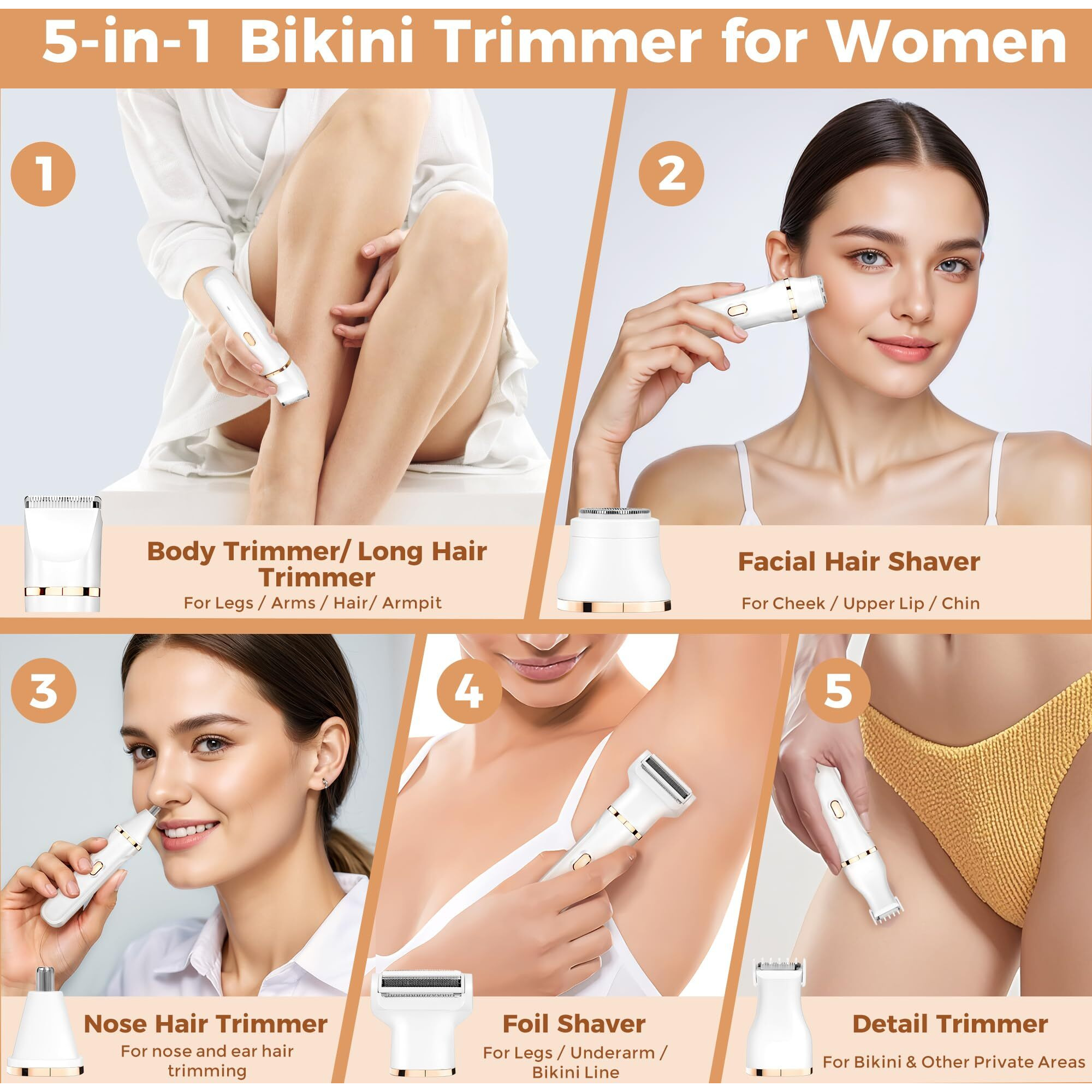 Bikini Trimmer For Women, 5-In-1 Waterproof Electric Razors For Women, Rechargeable Pubic Hair Trimmer, Electric Shaver With Travel Pouch, Body Shaver For Private Area Underarm Leg Face Nose, White