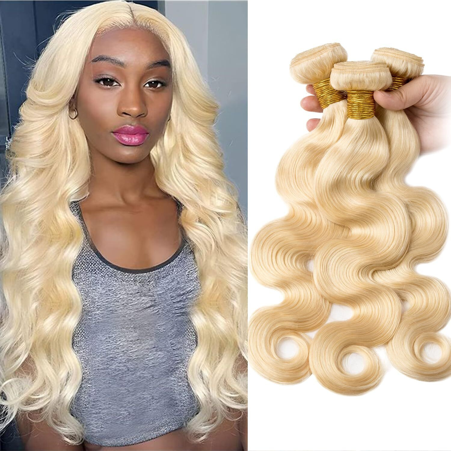 613 Bundles Human Hair Body Wave 16 18 20 Inch Blonde Human Hair 3 Bundles 12A Grade 100% Unprocessed Brazilian Virgin Hair 613 Body Wave Bundle 300G Machine Double Weft