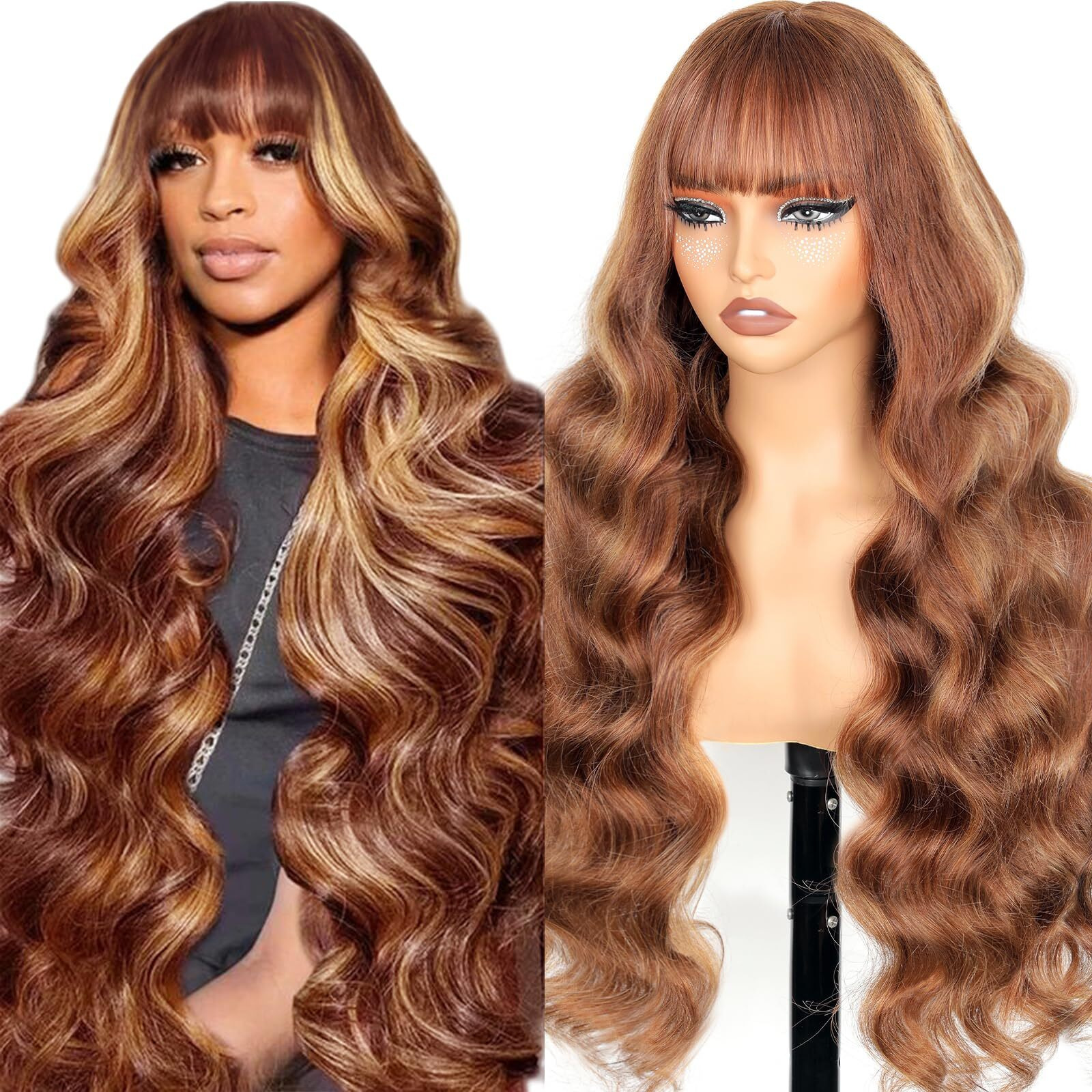 Ruiyu Ombre Highlight Human Hair Wig With Bangs 2X4 Hd Lace Front Closure Body Wave Wear And Go Glueless Highlights 4/27 Honey Blonde Brown Colored 100% Human Hair Wigs For Black Women 24 Inch