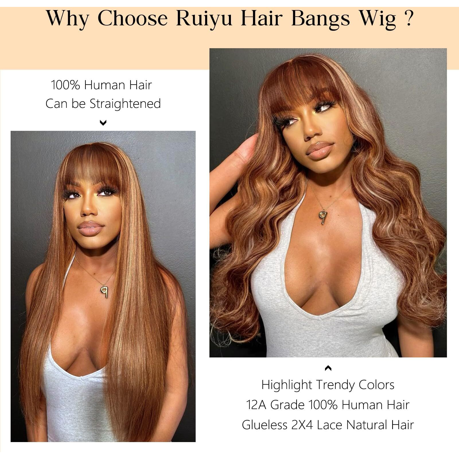 Ruiyu Ombre Highlight Human Hair Wig With Bangs 2X4 Hd Lace Front Closure Body Wave Wear And Go Glueless Highlights 4/27 Honey Blonde Brown Colored 100% Human Hair Wigs For Black Women 24 Inch