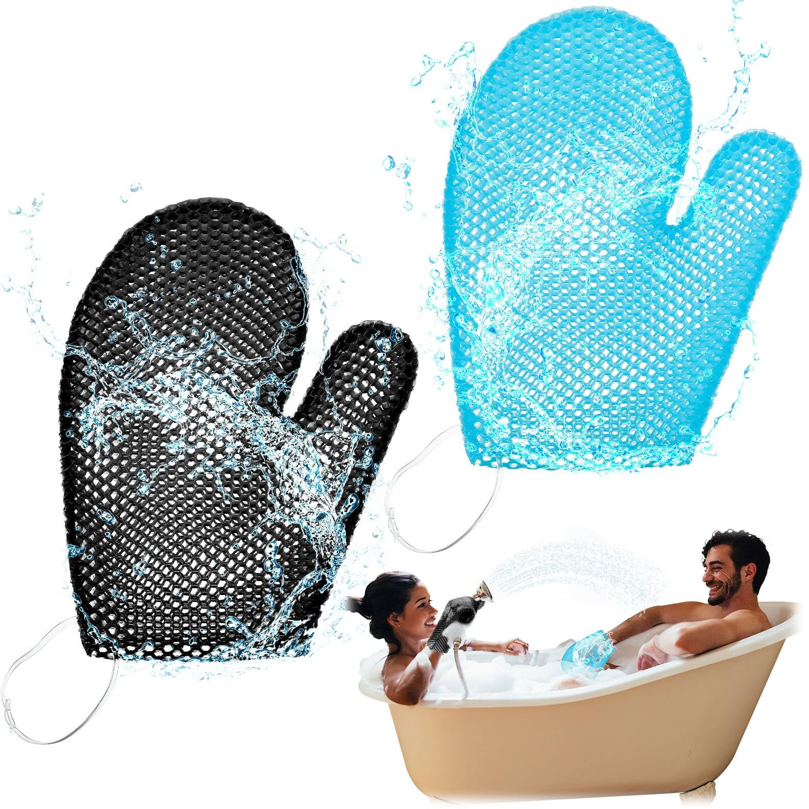 Karenhi 2 Pcs Honeycomb Exfoliating Glove Bath Mitt Body Spa Scrubber, Honeycomb Exfoliator Glove For Body Shower, Scrubber Sponge Shower Loofah, Quick Drying(Blue,Black)