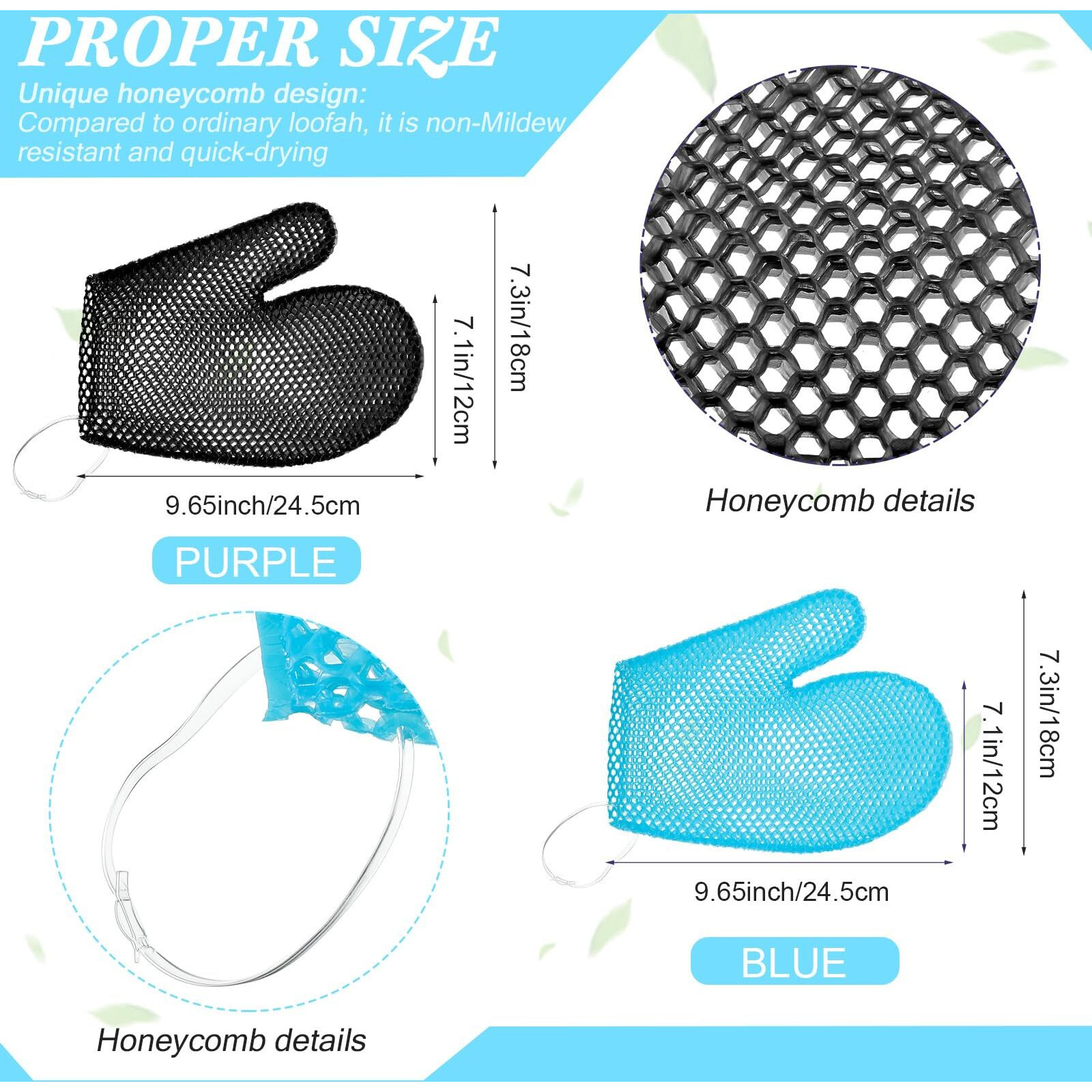 Karenhi 2 Pcs Honeycomb Exfoliating Glove Bath Mitt Body Spa Scrubber, Honeycomb Exfoliator Glove For Body Shower, Scrubber Sponge Shower Loofah, Quick Drying(Blue,Black)