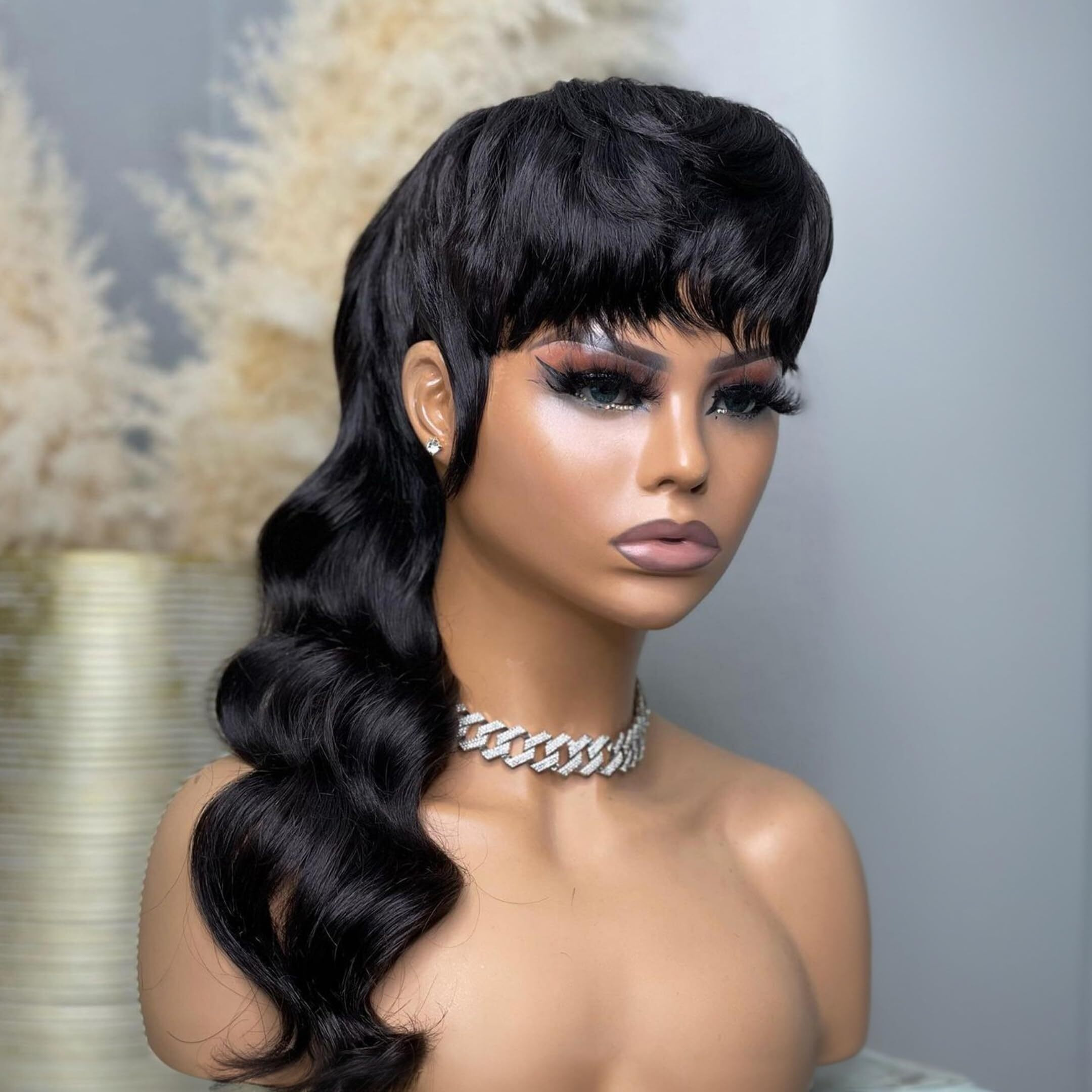 Saeiall Mullet Wig For Black Women Human Hair Pixie Cut Wig Long Body Wave Mullet None Lace Front Haircut Glueless Wigs Layered Haircut Wigs For Women (Black, 18Inch)