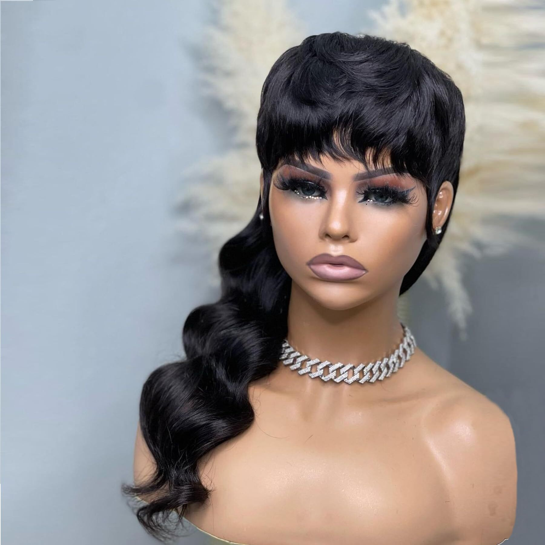 Saeiall Mullet Wig For Black Women Human Hair Pixie Cut Wig Long Body Wave Mullet None Lace Front Haircut Glueless Wigs Layered Haircut Wigs For Women (Black, 18Inch)