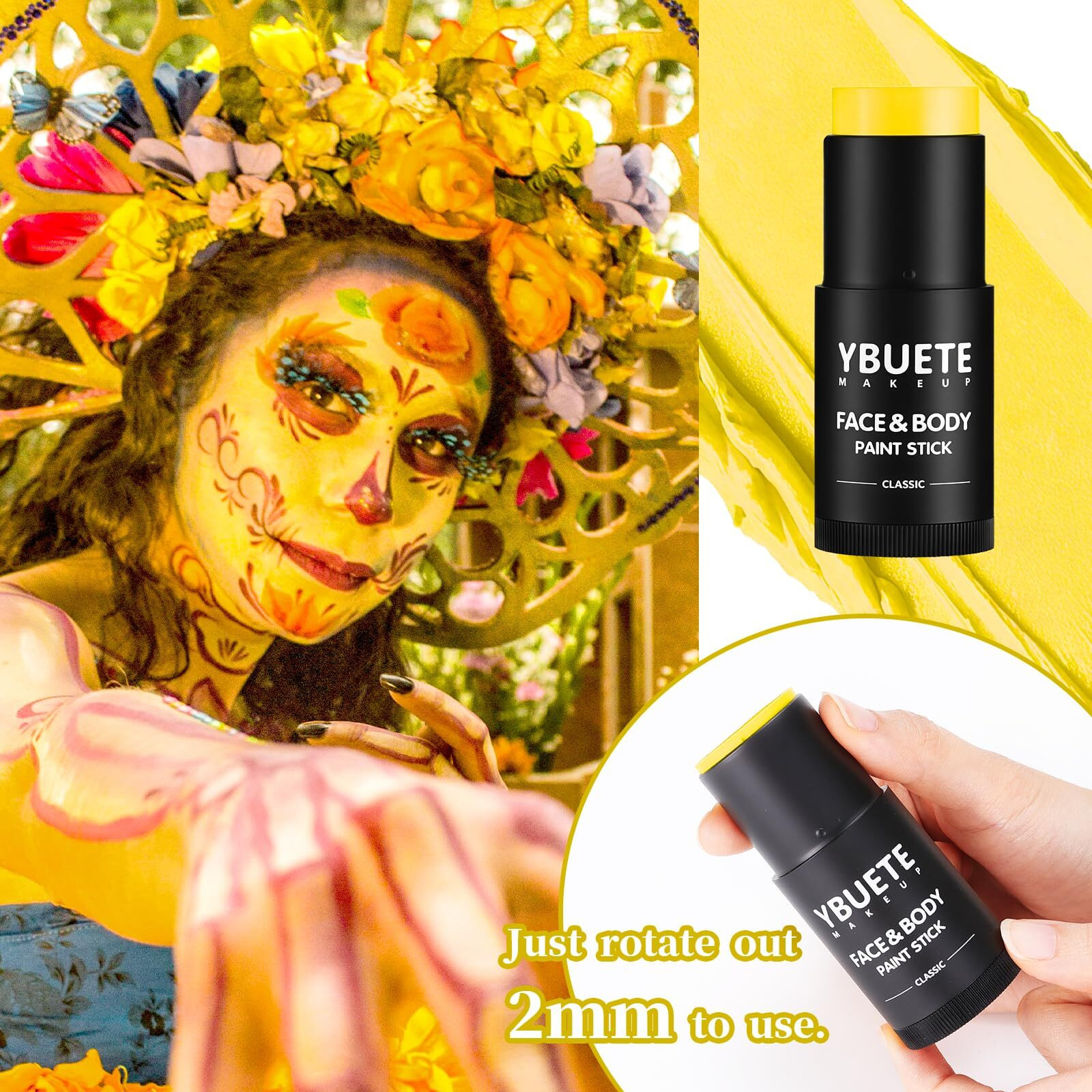 Ybuete Yellow Face Body Painting Stick, Professional Full-Coverage Cream Yellow Face Paint For Halloween Sfx Makeup Clown Costume Party, Washable Bright Eye Cheek Art Stick For Adult Festival Carnival