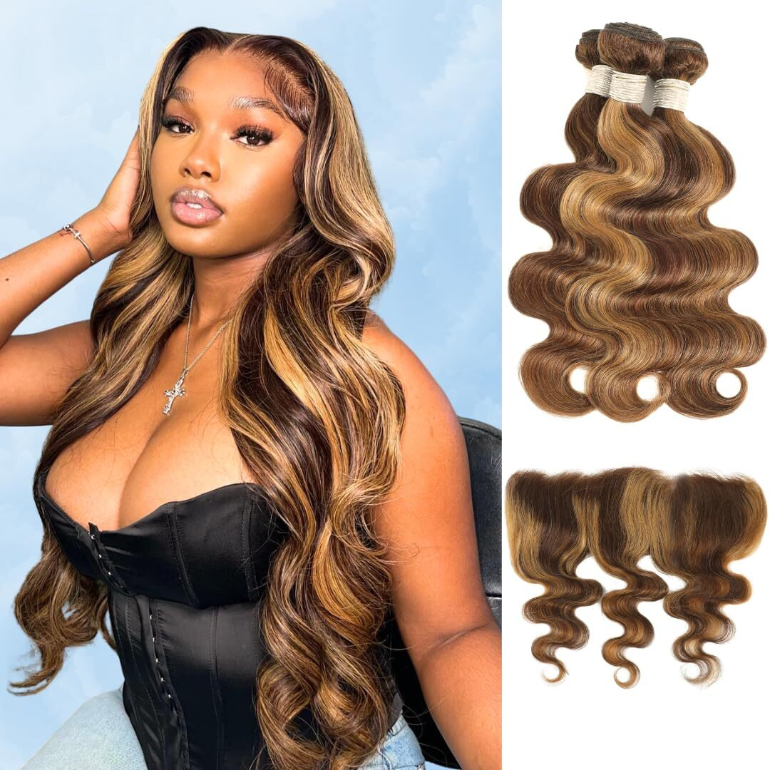 Alher 4/27 Honey Blonde Highlight 3 Bundles With 13X4 Frontal (18 20 22 + 18), 12A Balayage Ombre Honey Brown 100% Virgin Remy Hair Bundles Body Wave,With Ear To Ear Hd Lace Frontal Closure Free Part
