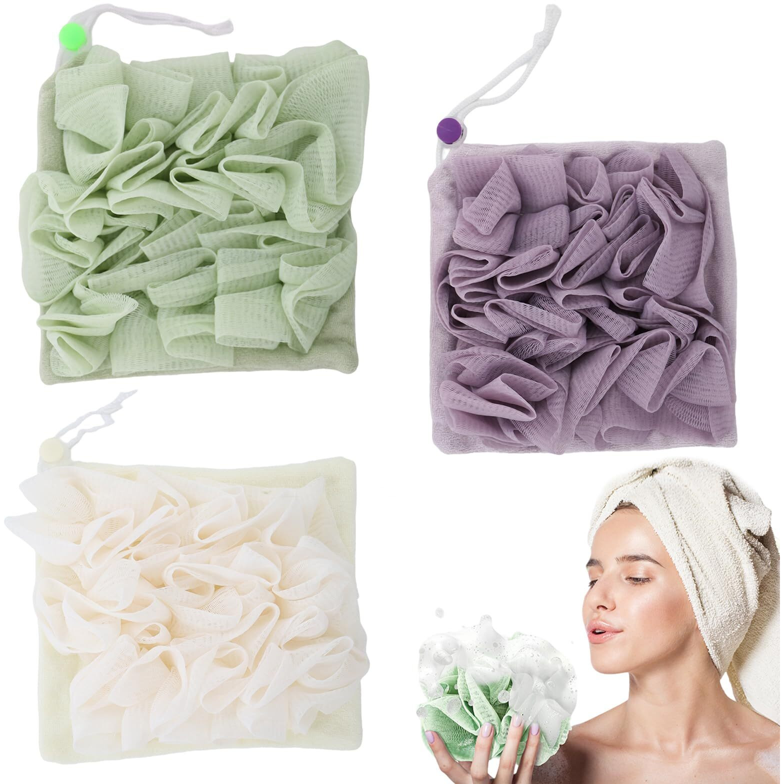 3 Pcs Soap Bar Loofah, 2 In 1 Bar Soap Loofah Pouch, Washcloth Leefah Combo With Drawstring, Leefah Cloth For Body Wash Cleansing And Smooth Skin(Purple, Green, White)
