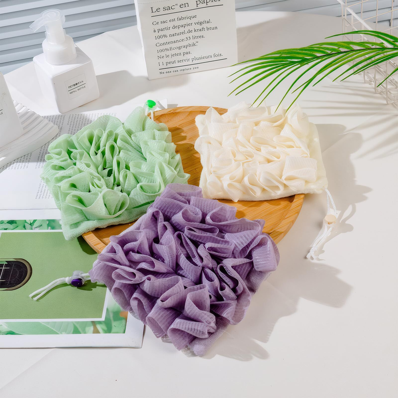 3 Pcs Soap Bar Loofah, 2 In 1 Bar Soap Loofah Pouch, Washcloth Leefah Combo With Drawstring, Leefah Cloth For Body Wash Cleansing And Smooth Skin(Purple, Green, White)