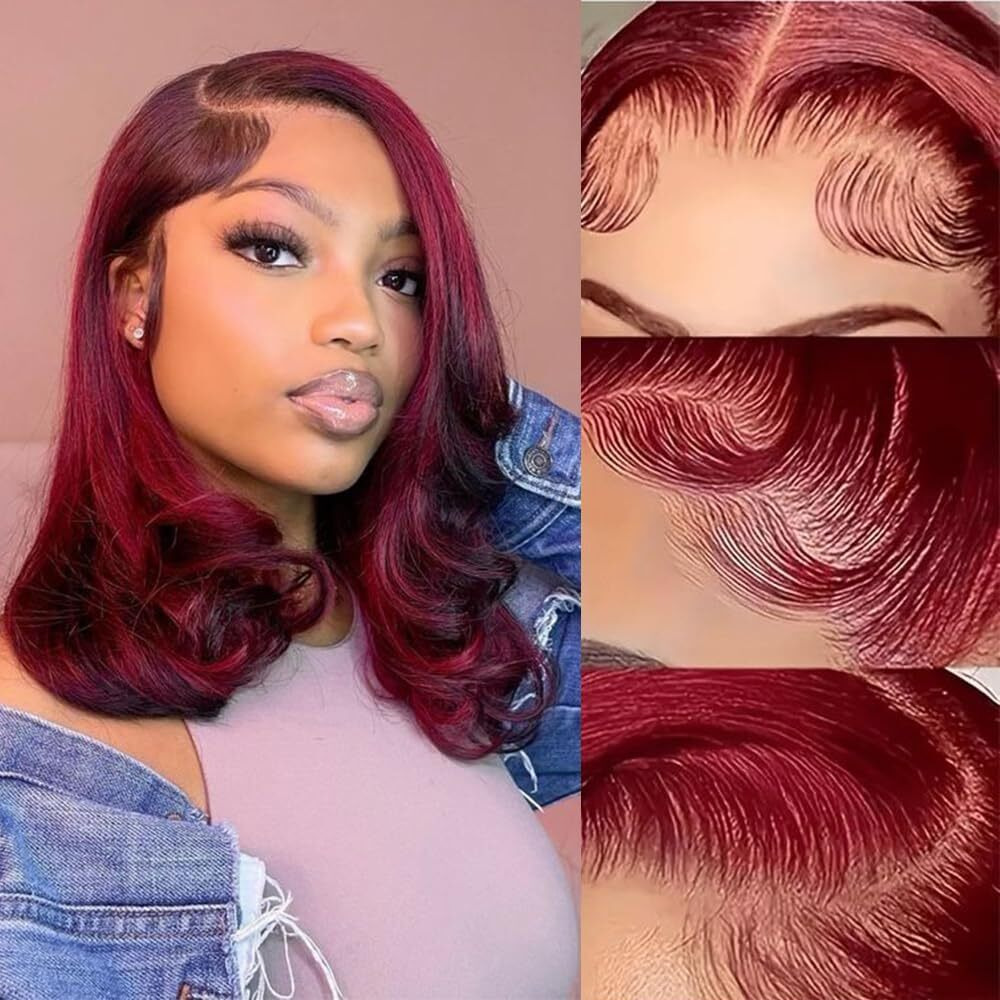 Yingrun 99J Bob Wig Human Hair 13X4 Frontal Lace Wig 14 Inch Body Wave 180% Density Burgundy Hd Transparent Lace Front Wigs Human Hair Wigs For Black Women Pre Plucked Red