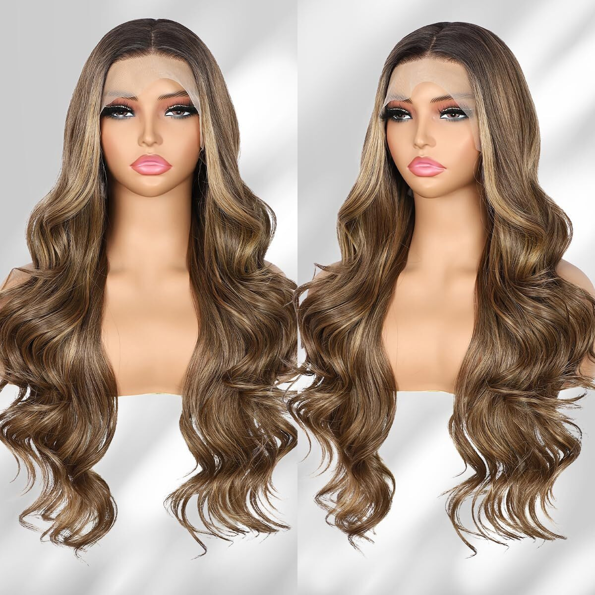 Babehers Highlight Brown Lace Front Wig For Women 13X4 Body Wave Synthetic Wigs Pre-Plucked Long Wavy 150% Density Heat Resistant Hair 26 Inch Daily Party Use