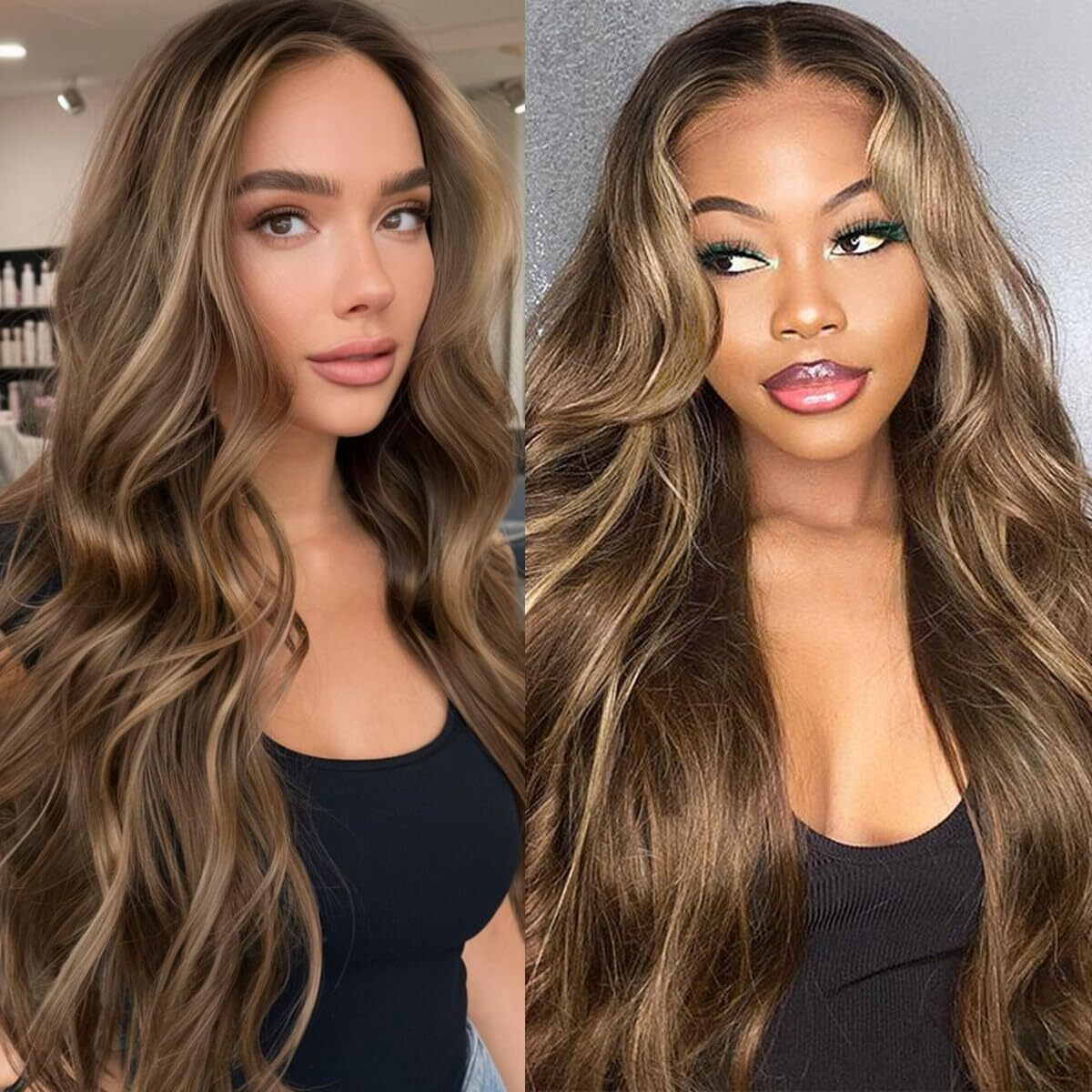 Babehers Highlight Brown Lace Front Wig For Women 13X4 Body Wave Synthetic Wigs Pre-Plucked Long Wavy 150% Density Heat Resistant Hair 26 Inch Daily Party Use