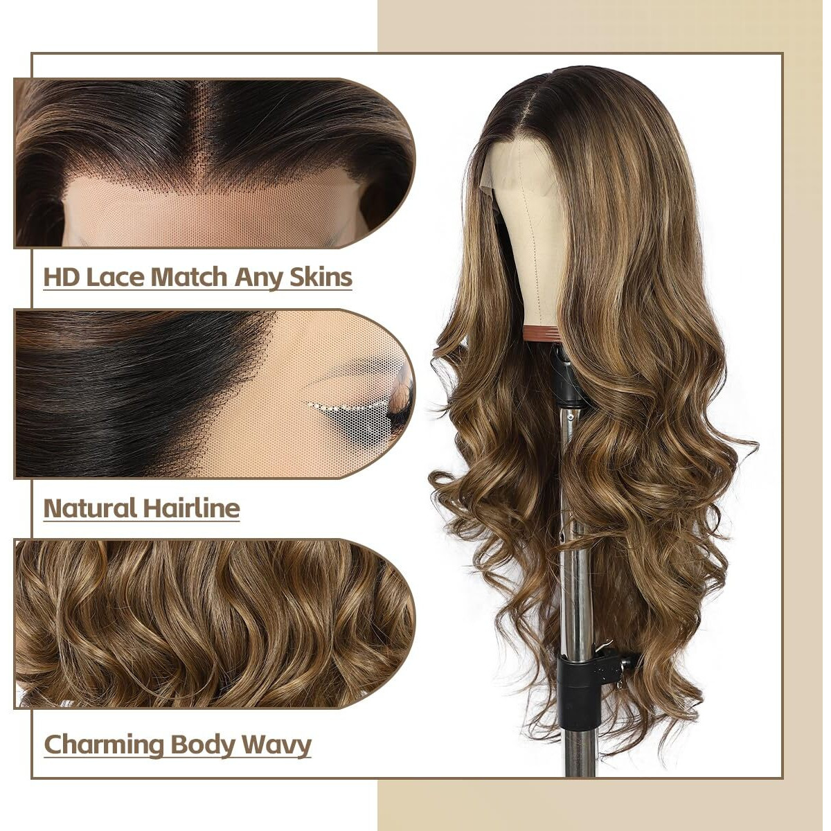 Babehers Highlight Brown Lace Front Wig For Women 13X4 Body Wave Synthetic Wigs Pre-Plucked Long Wavy 150% Density Heat Resistant Hair 26 Inch Daily Party Use