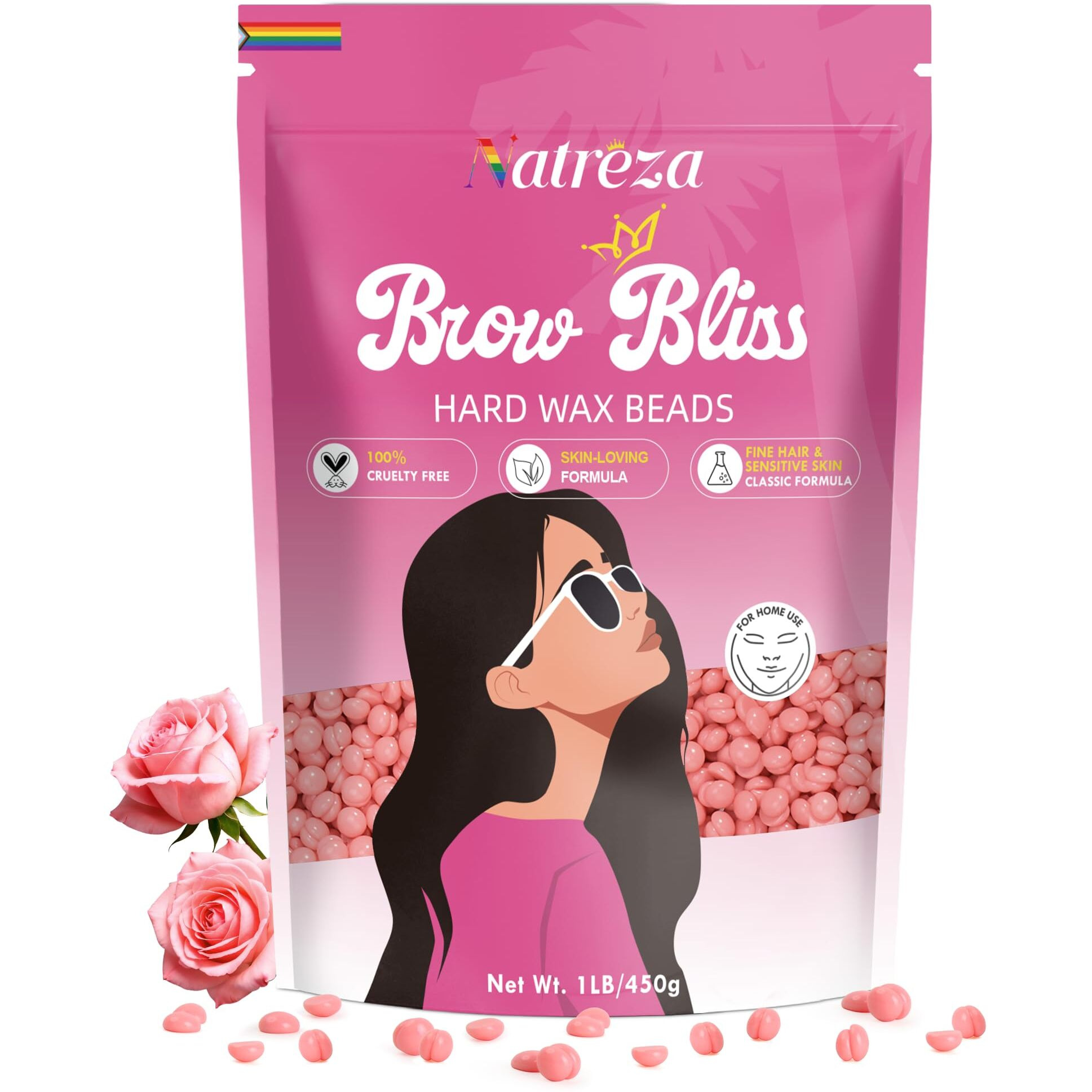 Natreza Hard Wax Beads, 1Lb Waxing Beads For Face, Brazilian, Bikini, Legs, Underarms, Sensitive Skin, Full Body Waxing, Wax Melts For Hair Removal, Home Wax Beans For Women Men, Pink