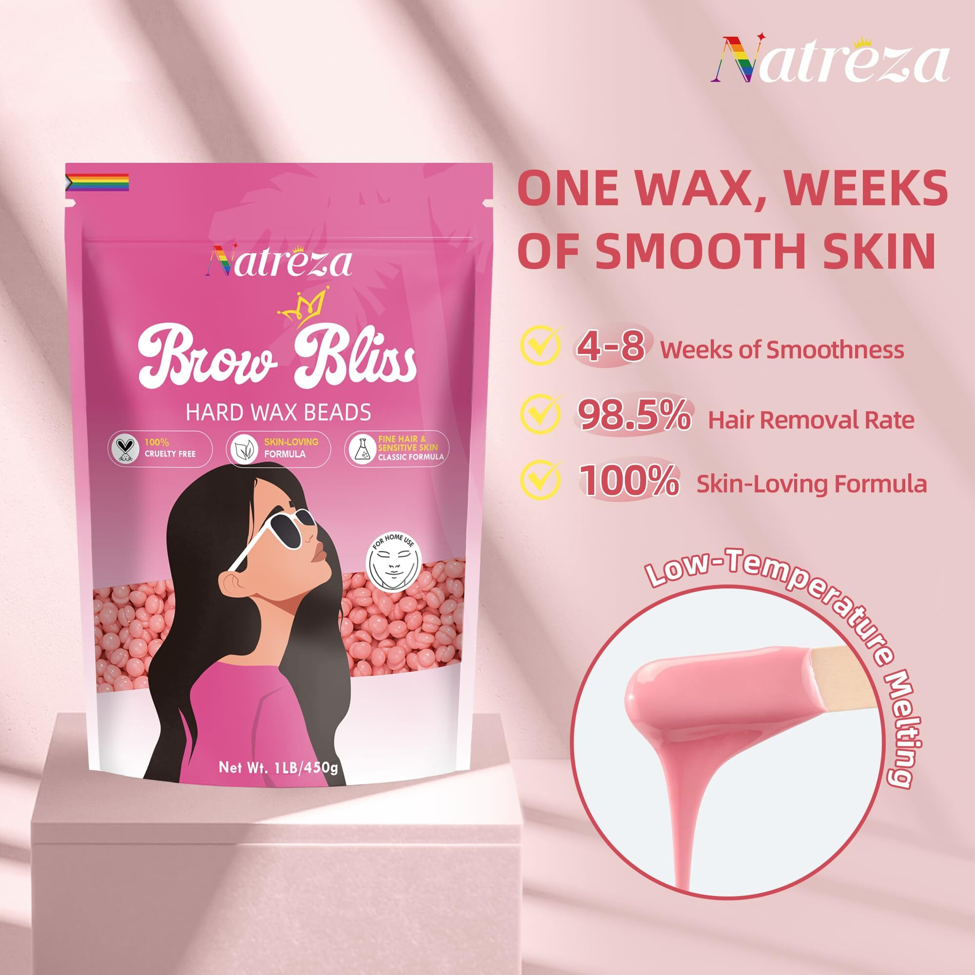 Natreza Hard Wax Beads, 1Lb Waxing Beads For Face, Brazilian, Bikini, Legs, Underarms, Sensitive Skin, Full Body Waxing, Wax Melts For Hair Removal, Home Wax Beans For Women Men, Pink