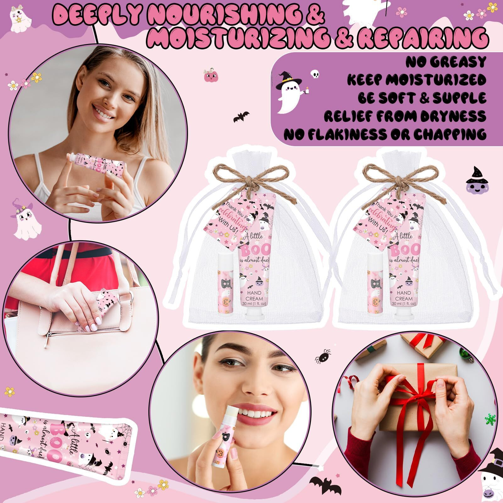 Dansib 24 Sets Halloween A Little Boo Is Almost Due Baby Shower Hand Cream And Lip Balm Gift Travel Size Hand Lotion And Lip Balm Bulk With Organza Bags Tags Halloween Baby Shower Favors For Guests
