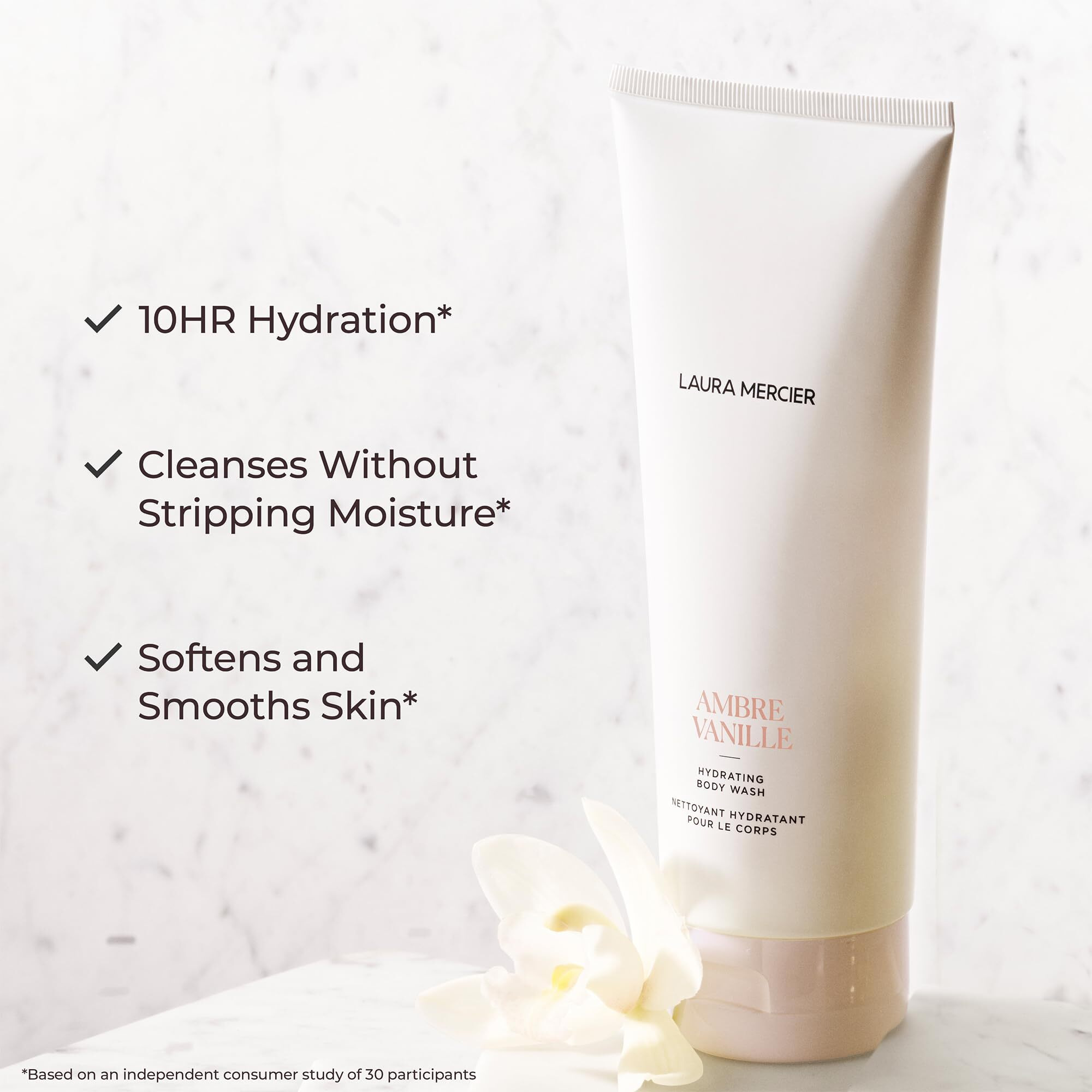 Laura Mercier Hydrating Body Wash, Foaming Daily Body Cleanser, Up To 10Hr Hydration, Softens And Smooths Skin, Non-Drying Formula, Creamy Gel Texture, Ambre Vanille