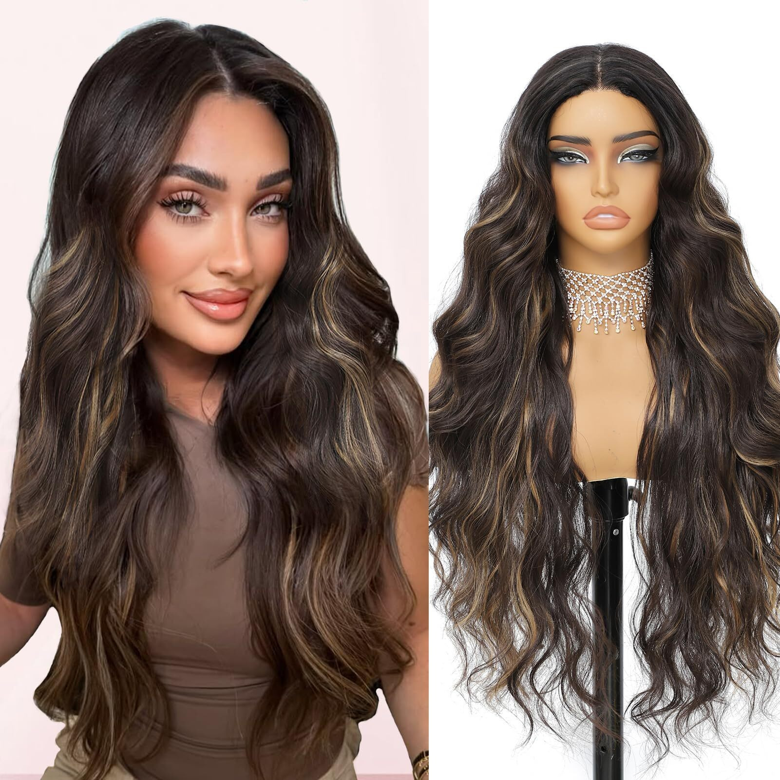 Xchjh 30 Inch Highlight Brown Synthetic Lace Front Wig Long Body Wave Synthetic Wig 4X1 Pre Plucked Natural Hairline Glueless Wigs For Women Beginner Friendly Heat Resistant Fiber Daily Party Use