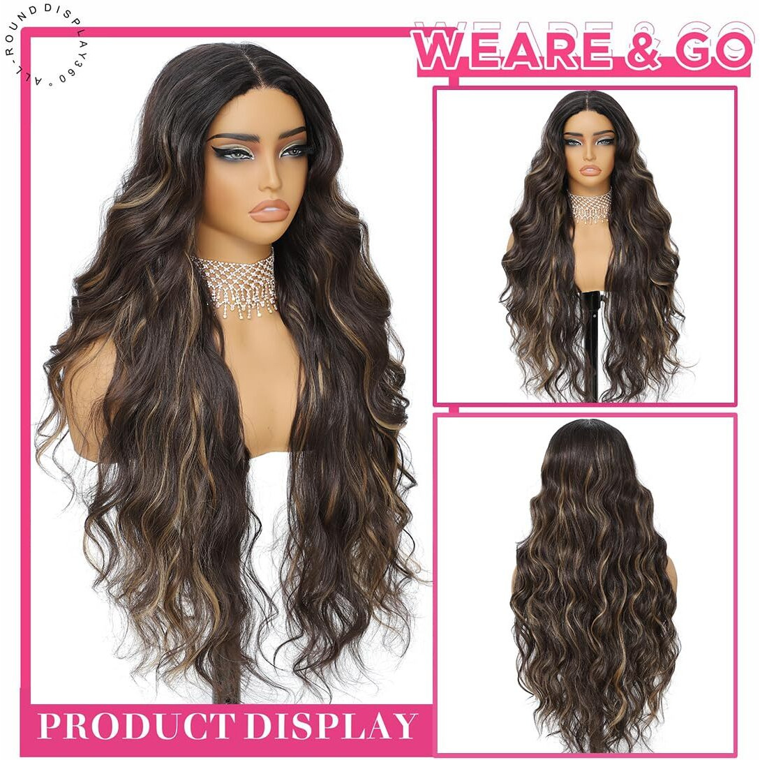 Xchjh 30 Inch Highlight Brown Synthetic Lace Front Wig Long Body Wave Synthetic Wig 4X1 Pre Plucked Natural Hairline Glueless Wigs For Women Beginner Friendly Heat Resistant Fiber Daily Party Use