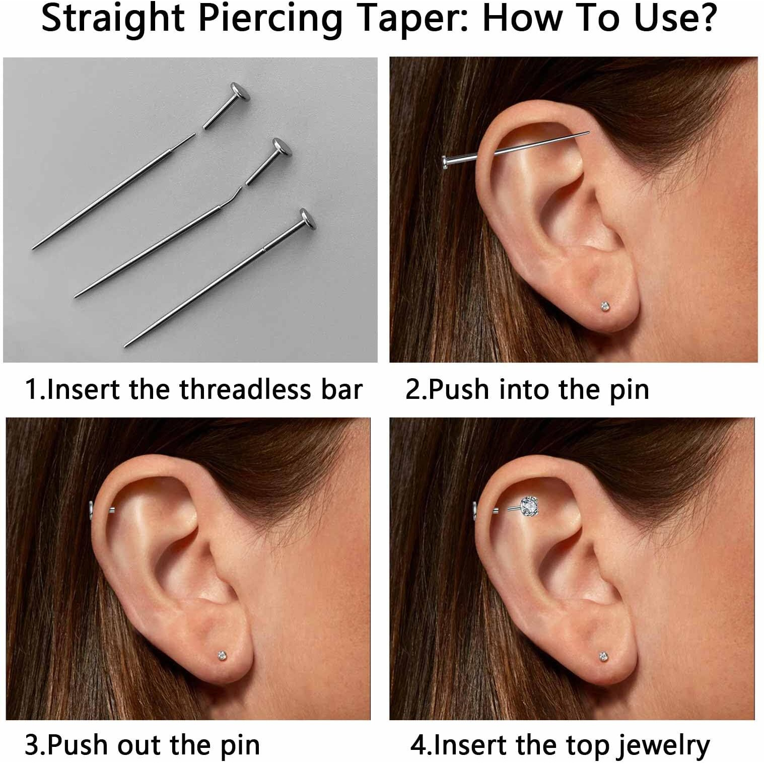 Wolayi G23 Titanium Threadless Piercing Taper 16G/18G/20G Flat Back Earring Applicator Tool Insertion Pin For Push In Nose Lip Ear Tragus Helix Body Piercing Jewelry Stretcher Assistant Tool (6Pcs, 20G Curved&Straight)