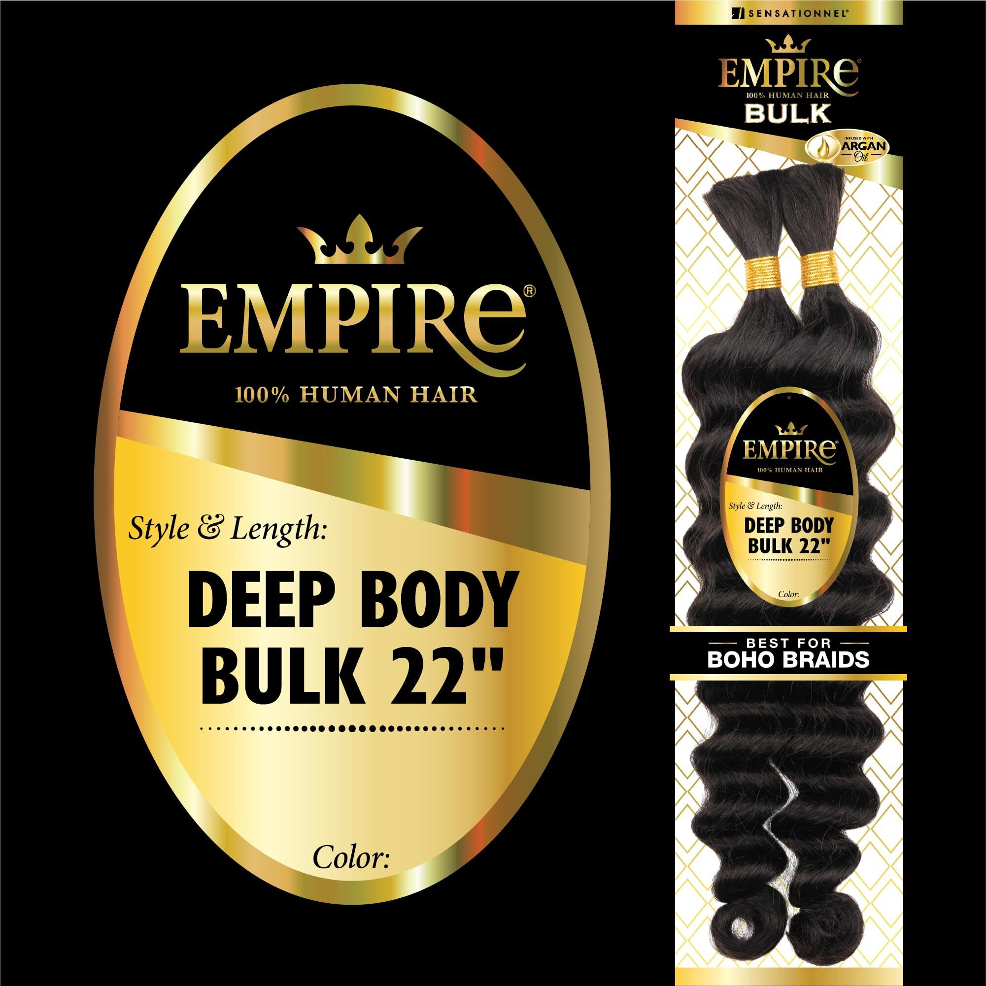 Sensationnel Empire Bulk Braiding - Deep Body Human Hair Braids For Knotless Boho Box Or Curly Loose Wave Styles - 1 Pack (22 Inch, 1B Offblack)