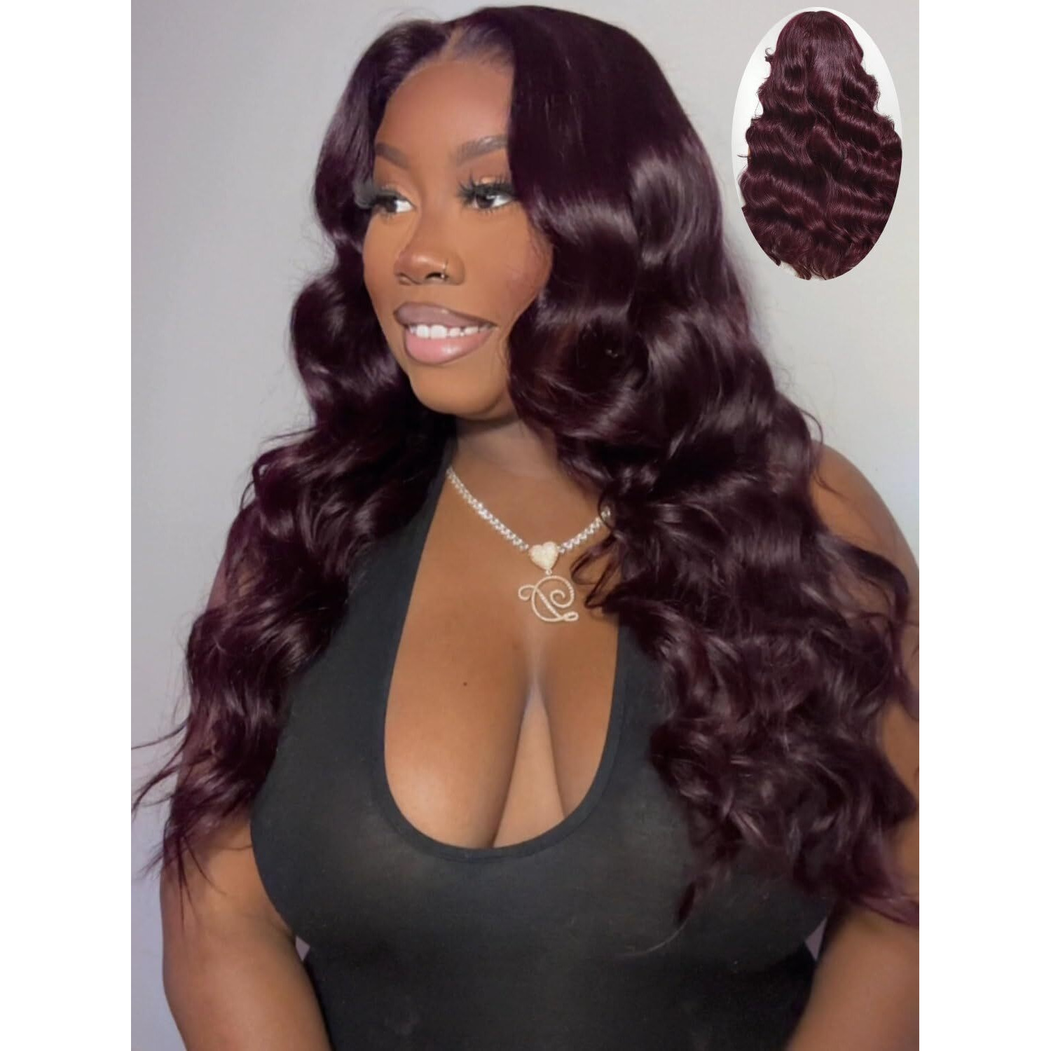 Beauty Forever Bye Bye Knots Black Cherry Loose Body Wave Glueless Wigs Human Hair Pre Plucked Pre Cut 7X5 Lace Front Drawstring Wig With Face Framing Layers Put On And Go Wig 180% Density 22Inch