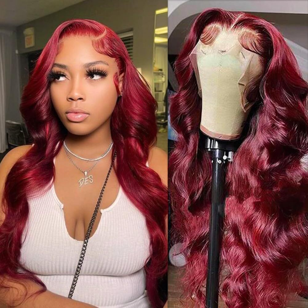 A Future Tongmei 28 Inch 99J Burgundy Body Wave Lace Front Wigs Human Hair Pre Plucked 13X4 Hd Transparent Lace Frontal Wigs With Baby Hair 99J Wine Red Human Hair Wigs For Women 180% Density