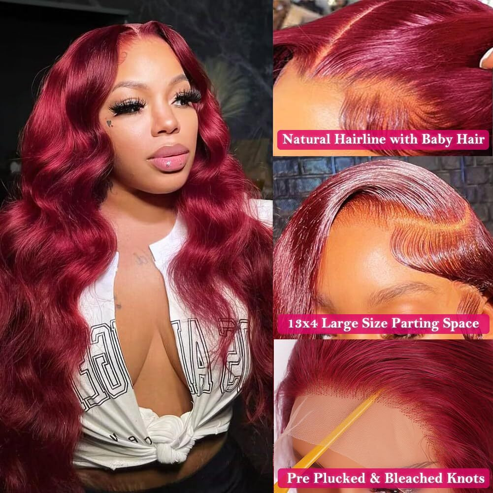 A Future Tongmei 28 Inch 99J Burgundy Body Wave Lace Front Wigs Human Hair Pre Plucked 13X4 Hd Transparent Lace Frontal Wigs With Baby Hair 99J Wine Red Human Hair Wigs For Women 180% Density