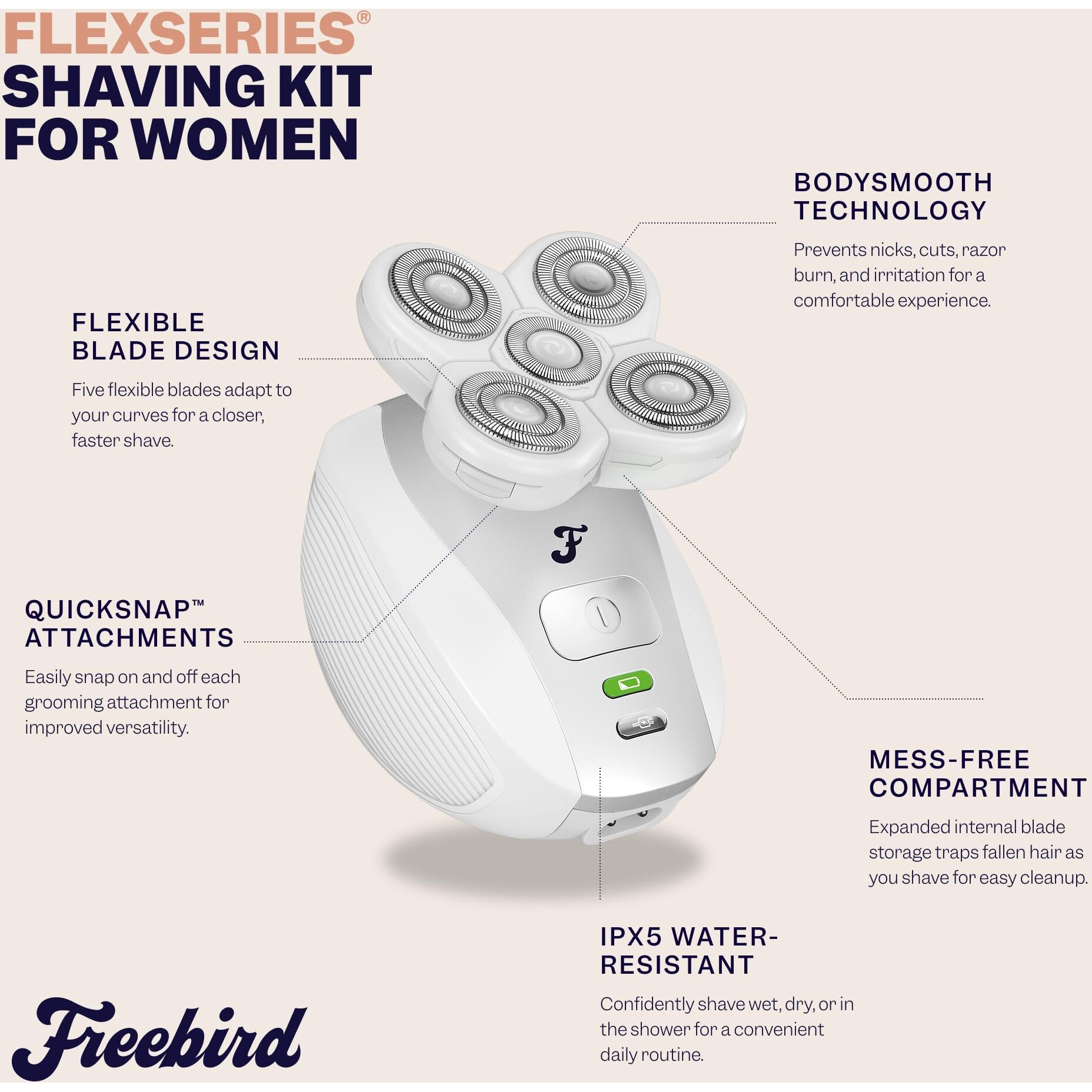 Freebird Flexseries Electric Razor For Women - Silk Smooth Legs, Body Hair, & Pubic Shaver - For Private Area, Sensitive Skin, Bikini Trimmer