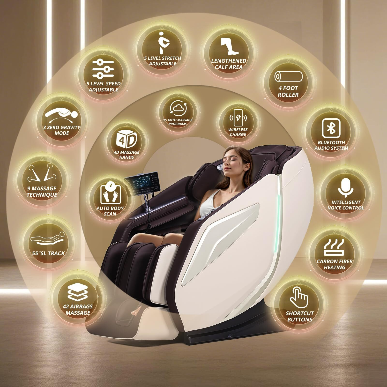 Healthrelife 4D Massage Chair Full Body Zero Gravity Recliner - 55 Sl-Track,15 Auto Modes,11 Massage Technique,40 Airbags Massage,With Yoga Stretch,App Control,Shiatsu Foot Massage(Coffee)